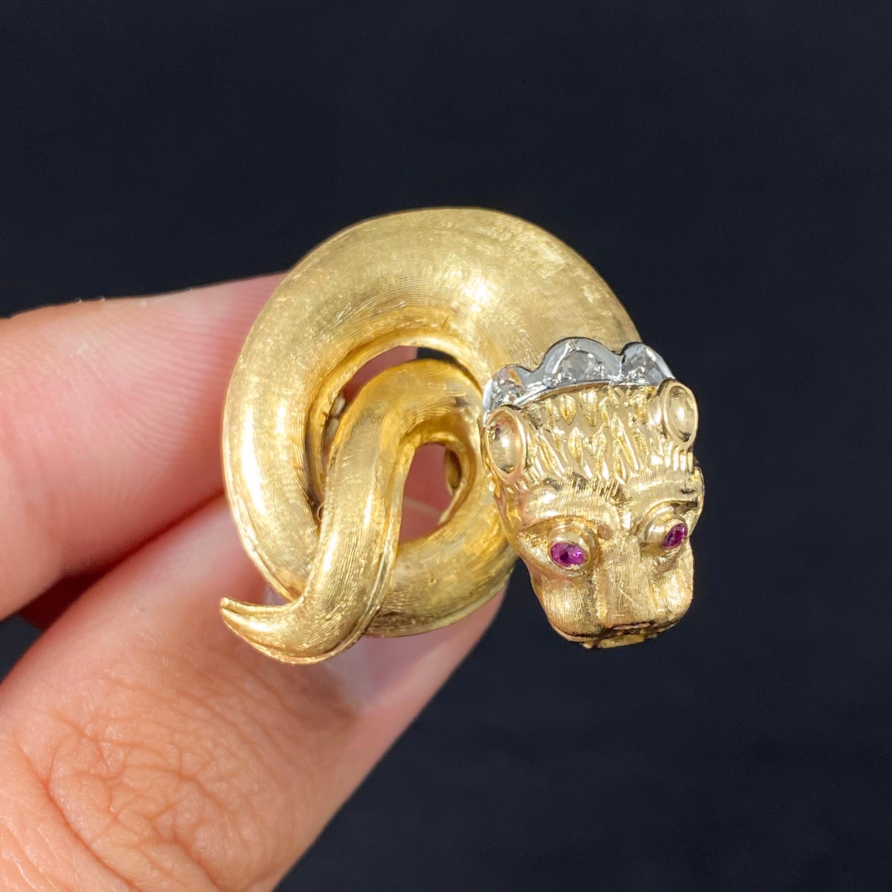 Rose Cut Zolotas Vintage Diamond Ruby Mythical Lion Mask Clip Earrings Yellow Gold 1970s