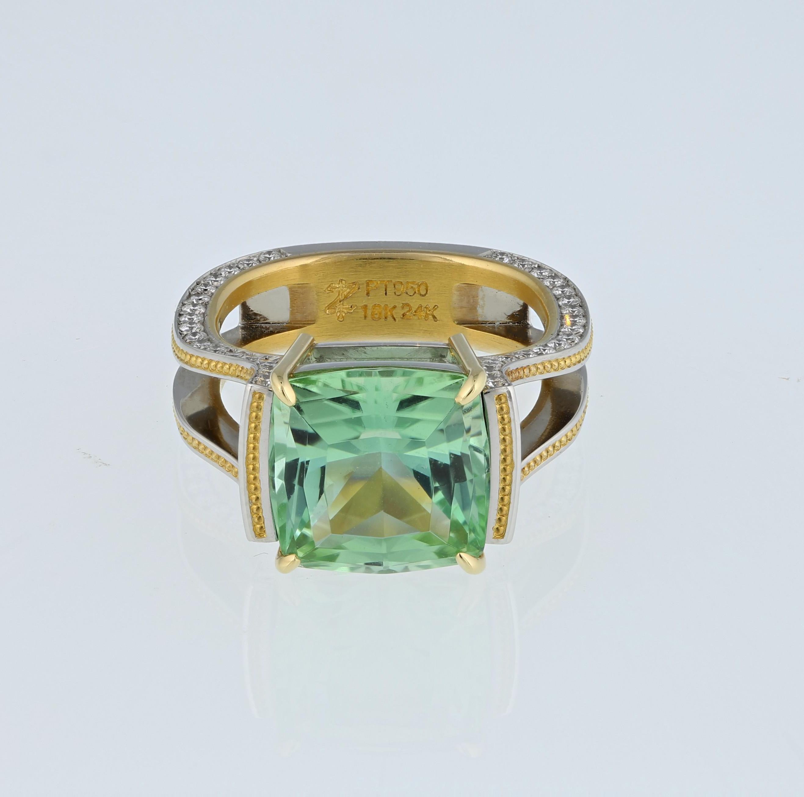 Princess Cut Zoltan David Teal Tourmaline Modern Ring in Platinum and 24 Karat Gold For Sale