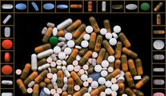 Big gold box of pills. Color Photograph