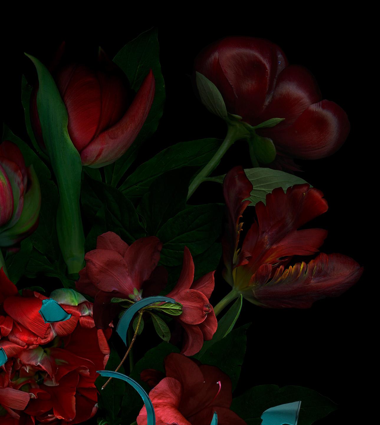 Rote Blumen und Buddha. Digitale Collage  Farbfotografie – Photograph von Zoltan Gerliczki