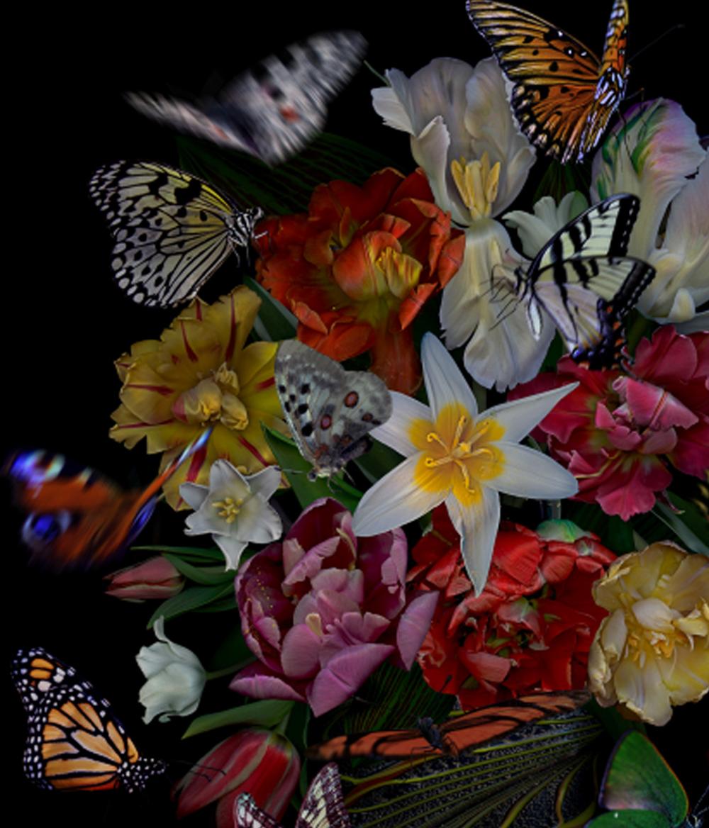 Still Life with a Green Bug. Flowers. Digital Collage Color Photograph For Sale 1