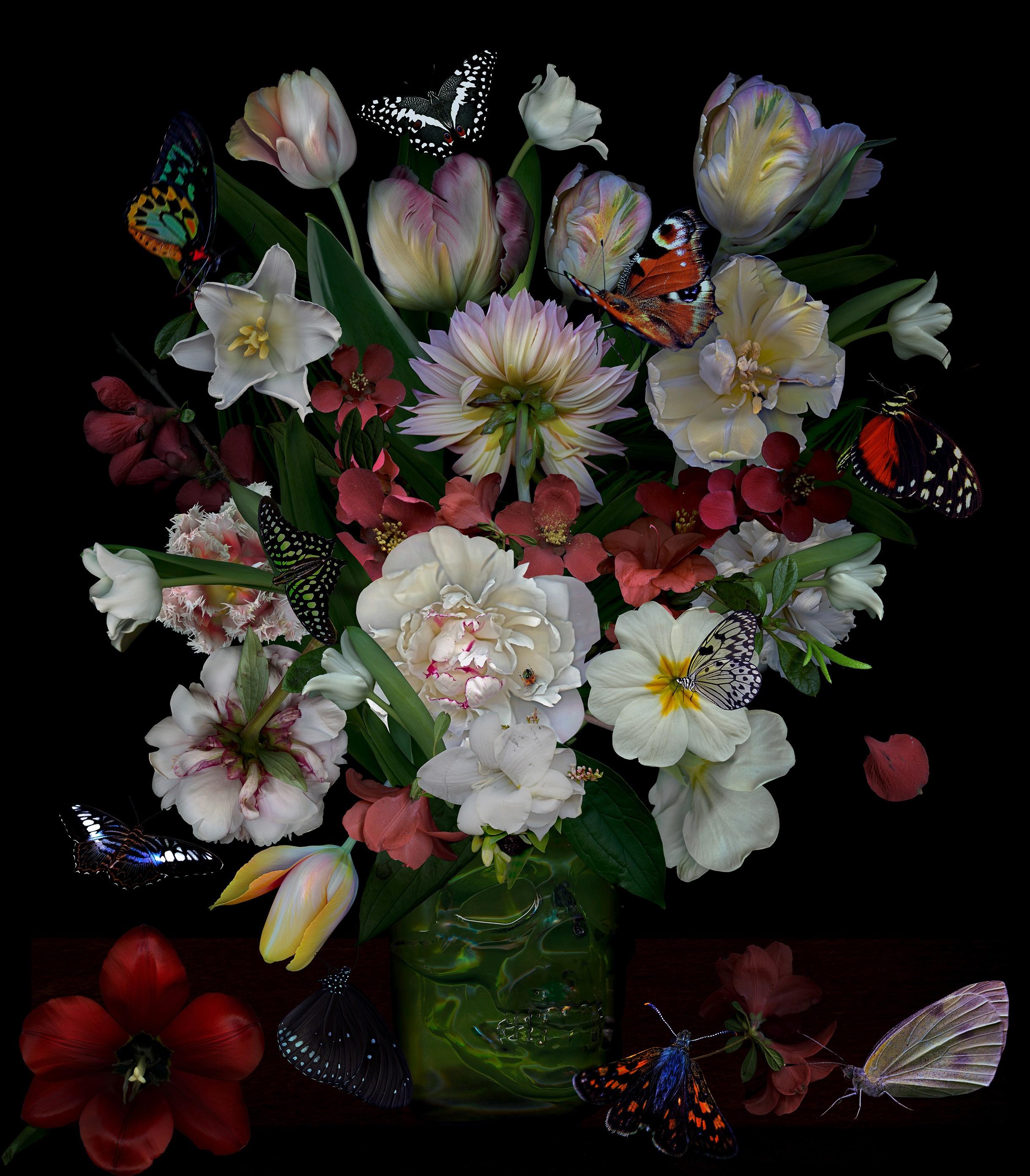 Still Life with a Green Skull. Flowers. Digital Collage Color Photograph