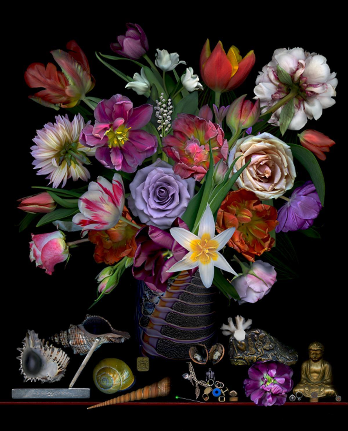 Zoltan Gerliczki Still-Life Photograph - Still Life with Shells. Flowers. Digital Collage Color Photograph