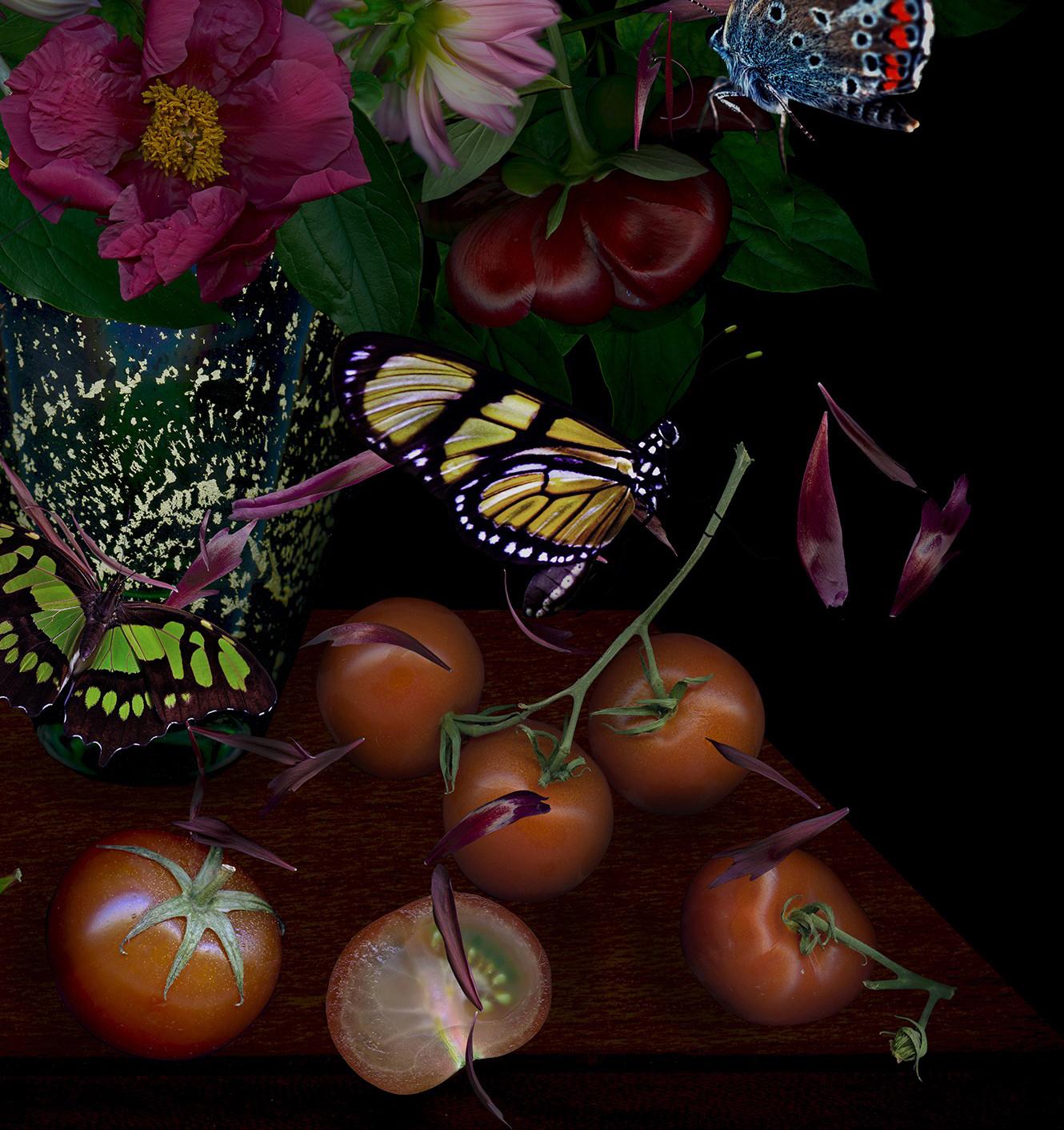 Still Life with Tomatoes. Flowers. Digital Collage  Color Photograph For Sale 1