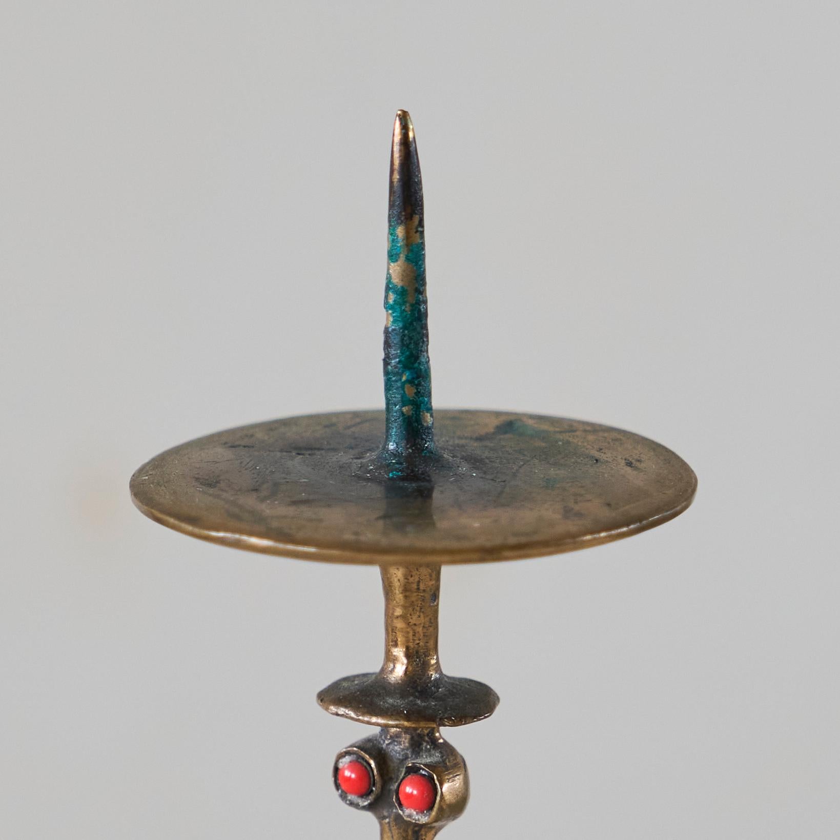 Hand-Crafted Zoltán Pap Anthropomorphic Brutalist Candle Holder in Bronze and Enamel 1970s For Sale