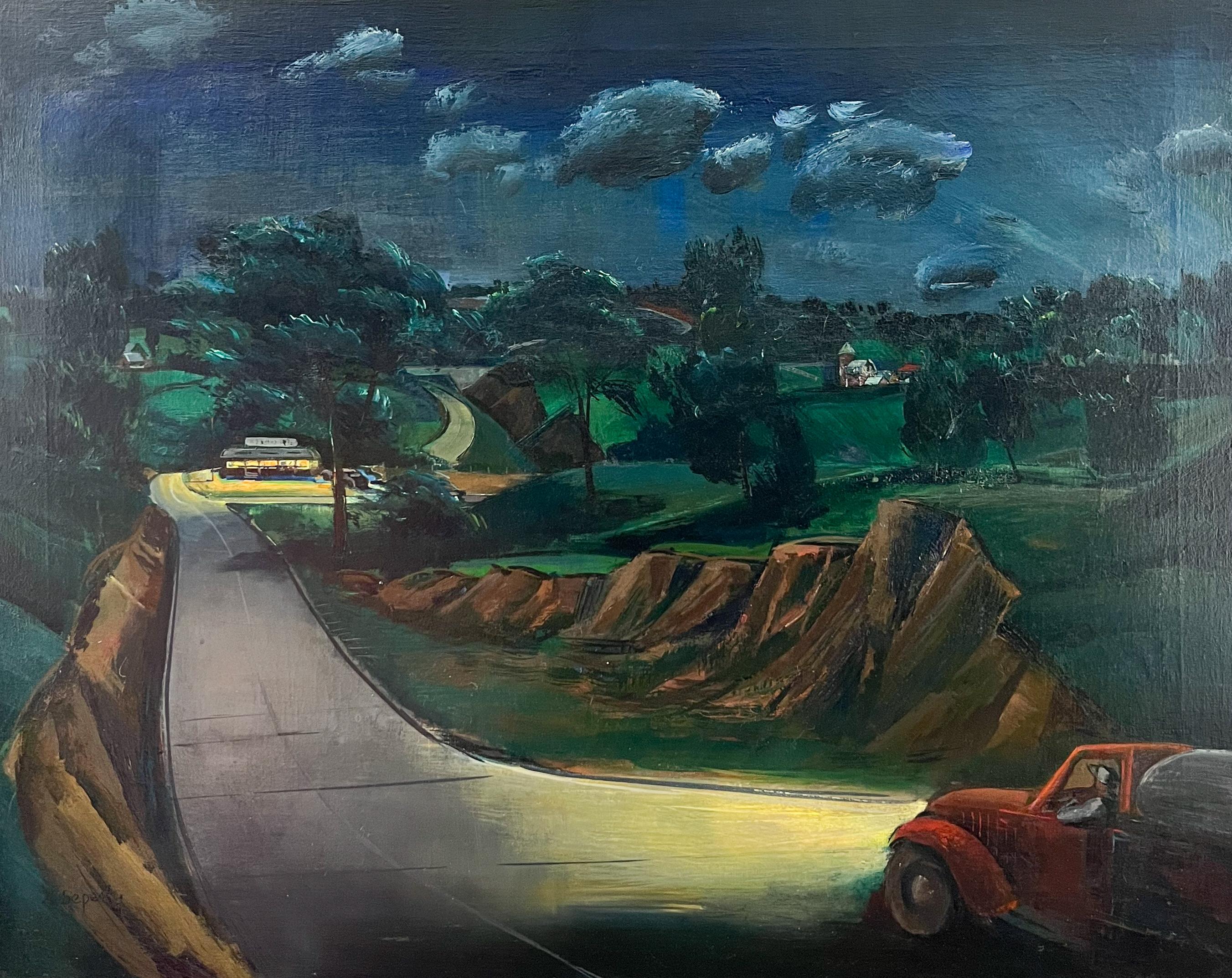 Coffee Time-American Scene Painting-Cranbrook Academy of Art-Michigan Travel - Black Landscape Painting by Zoltan Sepeshy