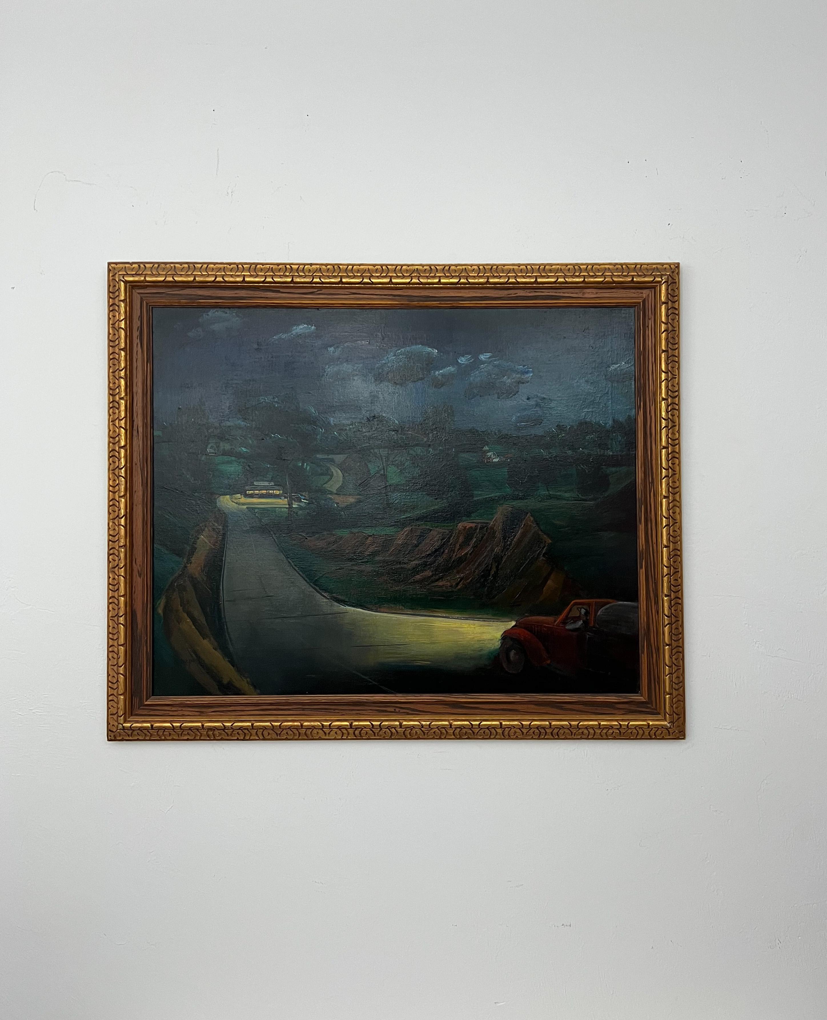 This is a delightful, large oil painting of a coffee run to a quintessential diner.  Zolton Sepeshy, who lived and painted in Michigan, captured the stillness of the late-night or early morning excursion.  The perspective of this work allows the