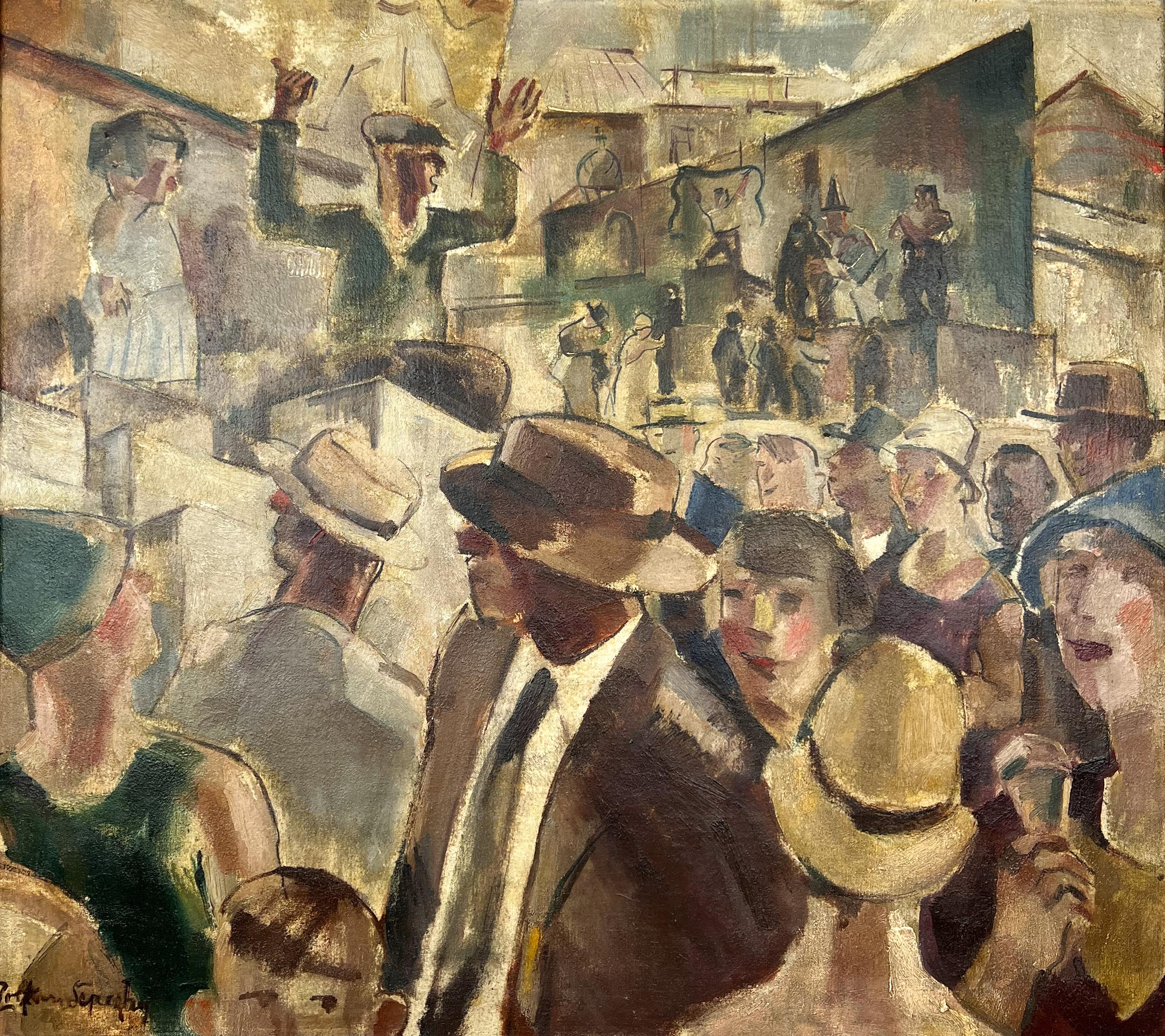 Side Show Barker - Original modernistische amerikanische Messeszene, Ölgemälde – Painting von Zoltan Sepeshy