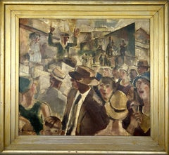 Side Show Barker - Pittura ad olio originale Modernista con scena di fiera americana