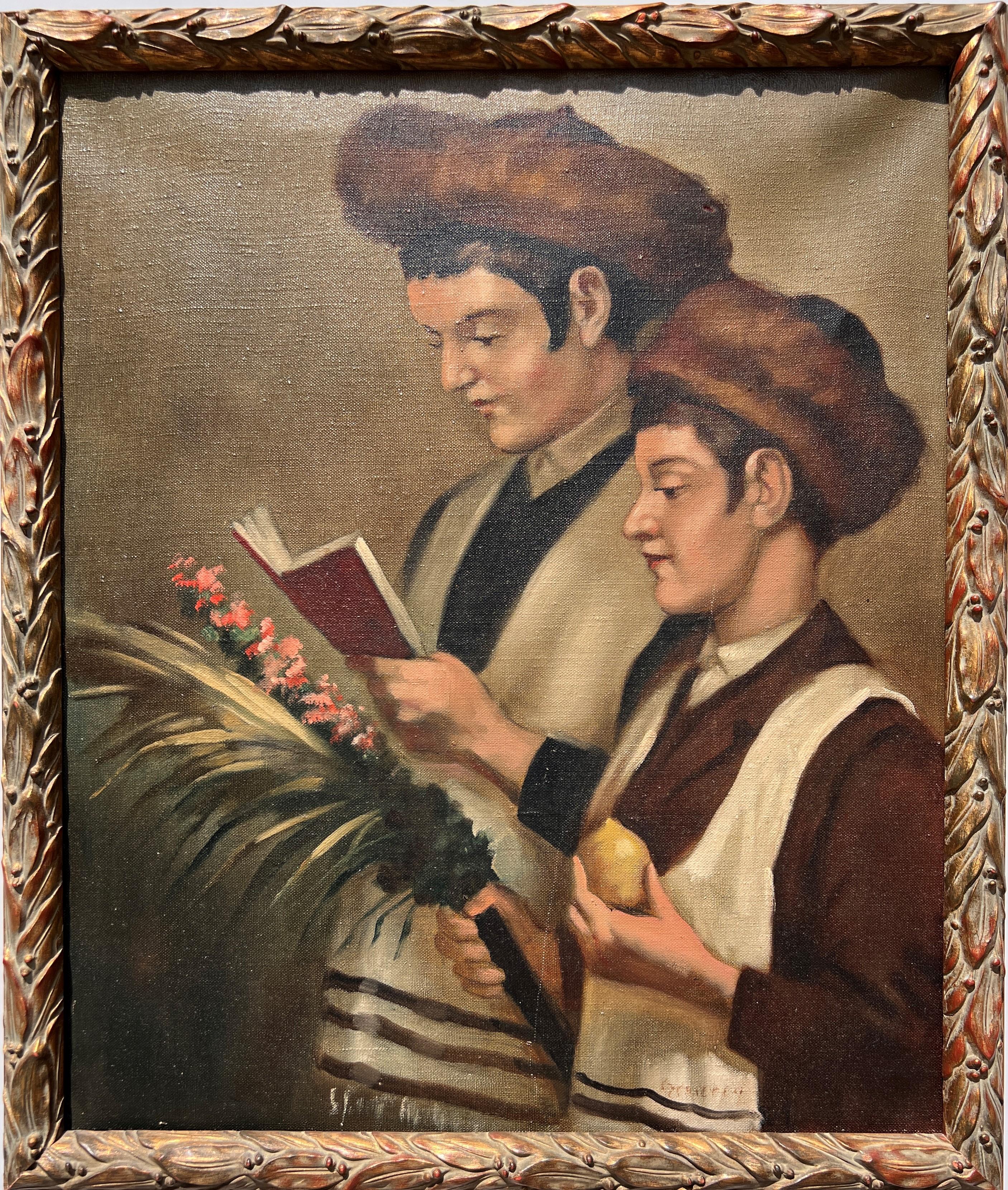 Se trata de una pintura al óleo sobre lienzo de época que representa a dos muchachos judíos que sostienen un libro, una rama de palmera y un limón. 

Firmado en la parte inferior derecha por el famoso artista húngaro Zoltan Szemerey, 1908-2009.