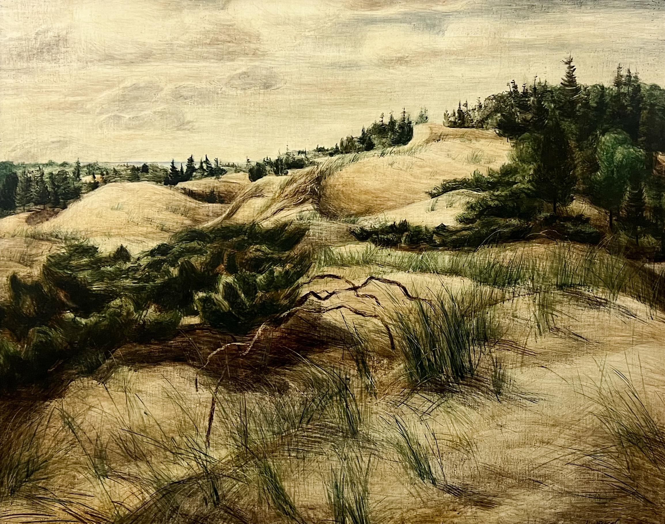Sandscape du milieu du siècle dernier, peinture Tempera d'un paysage de dunes de sable de la côte du Michigan - Réalisme américain Painting par Zolton Sepeshy