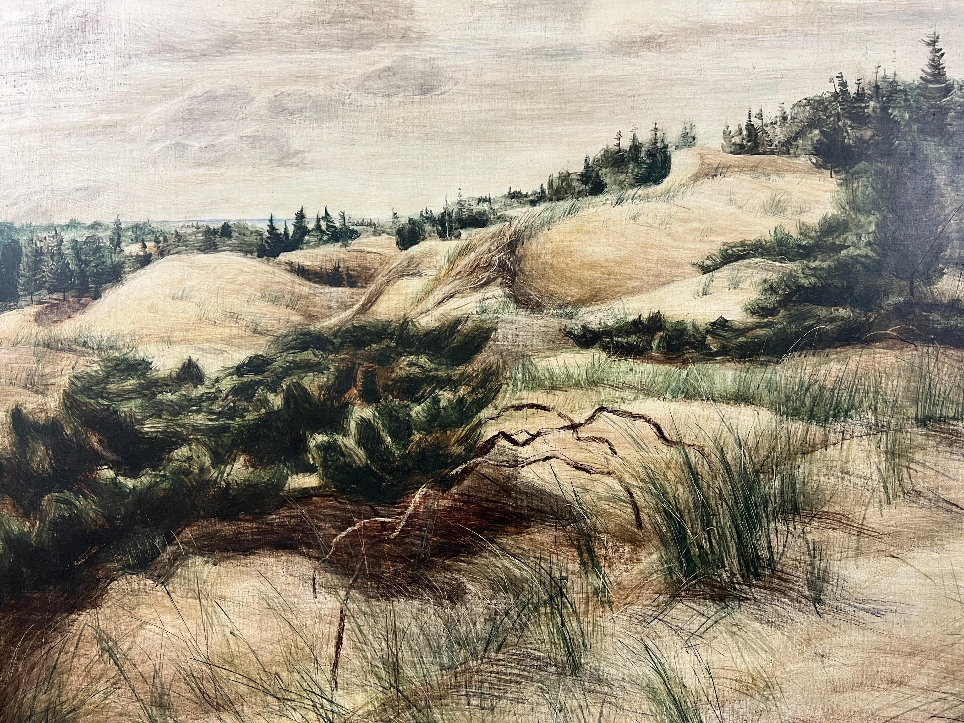 Sandscape du milieu du siècle dernier, peinture Tempera d'un paysage de dunes de sable de la côte du Michigan - Marron Landscape Painting par Zolton Sepeshy