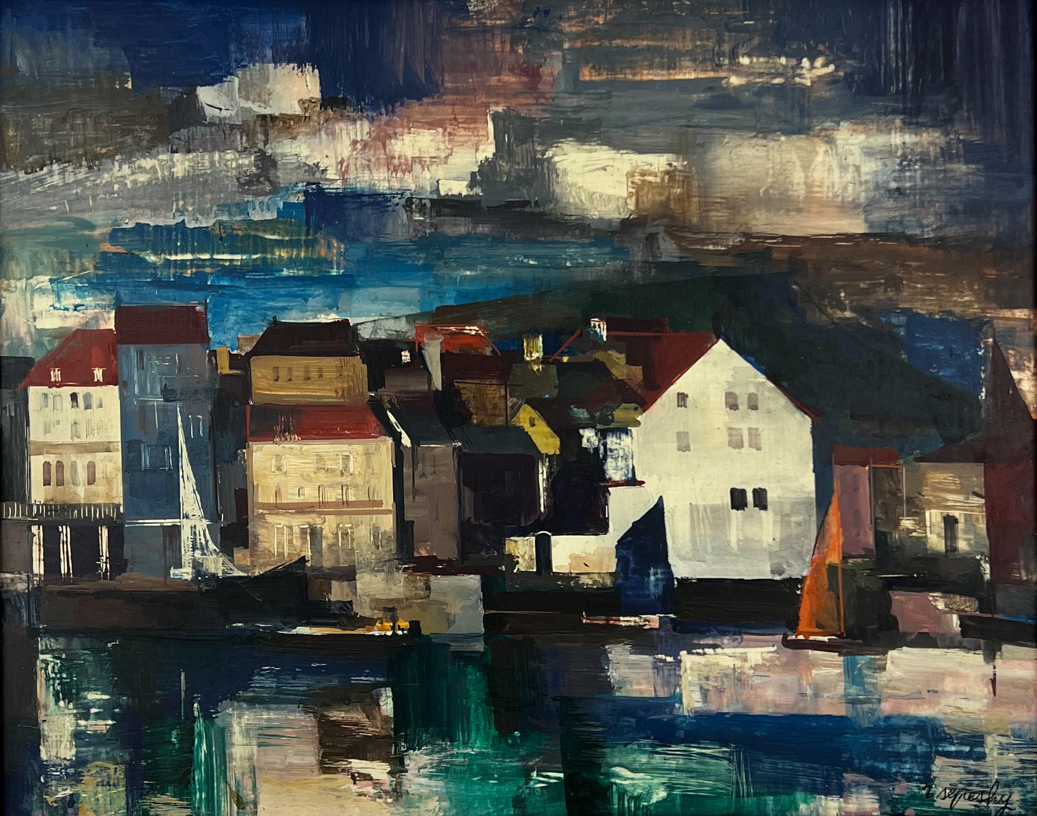 Seashore Town- Modernistisches Gouache- und Ölgemälde aus der Mitte des Jahrhunderts – Painting von Zolton Sepeshy