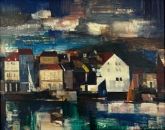 Seashore Town- Mid-Century Modernist Gouache and Oil Painting