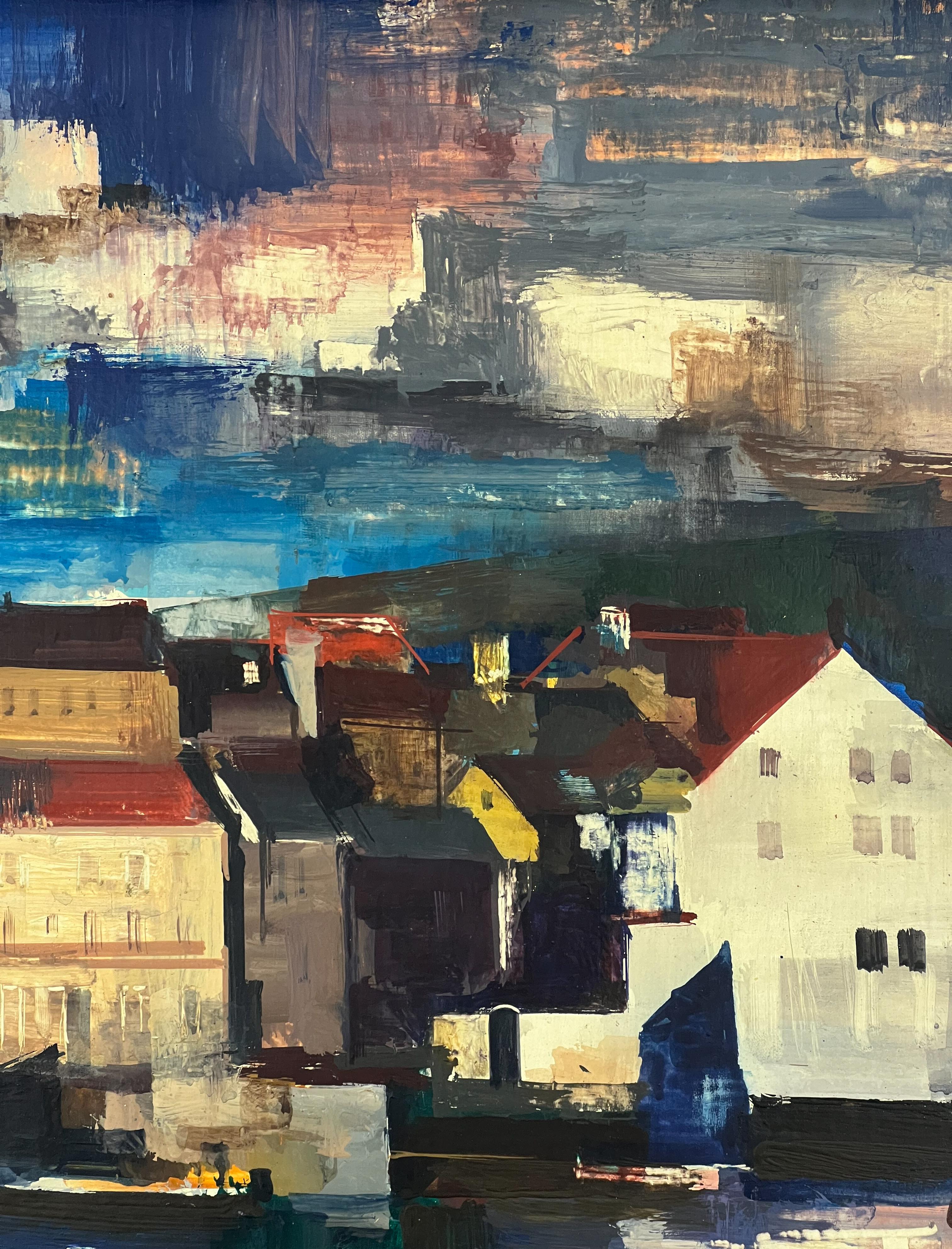 Seashore Town- Modernistisches Gouache- und Ölgemälde aus der Mitte des Jahrhunderts (Schwarz), Abstract Painting, von Zolton Sepeshy