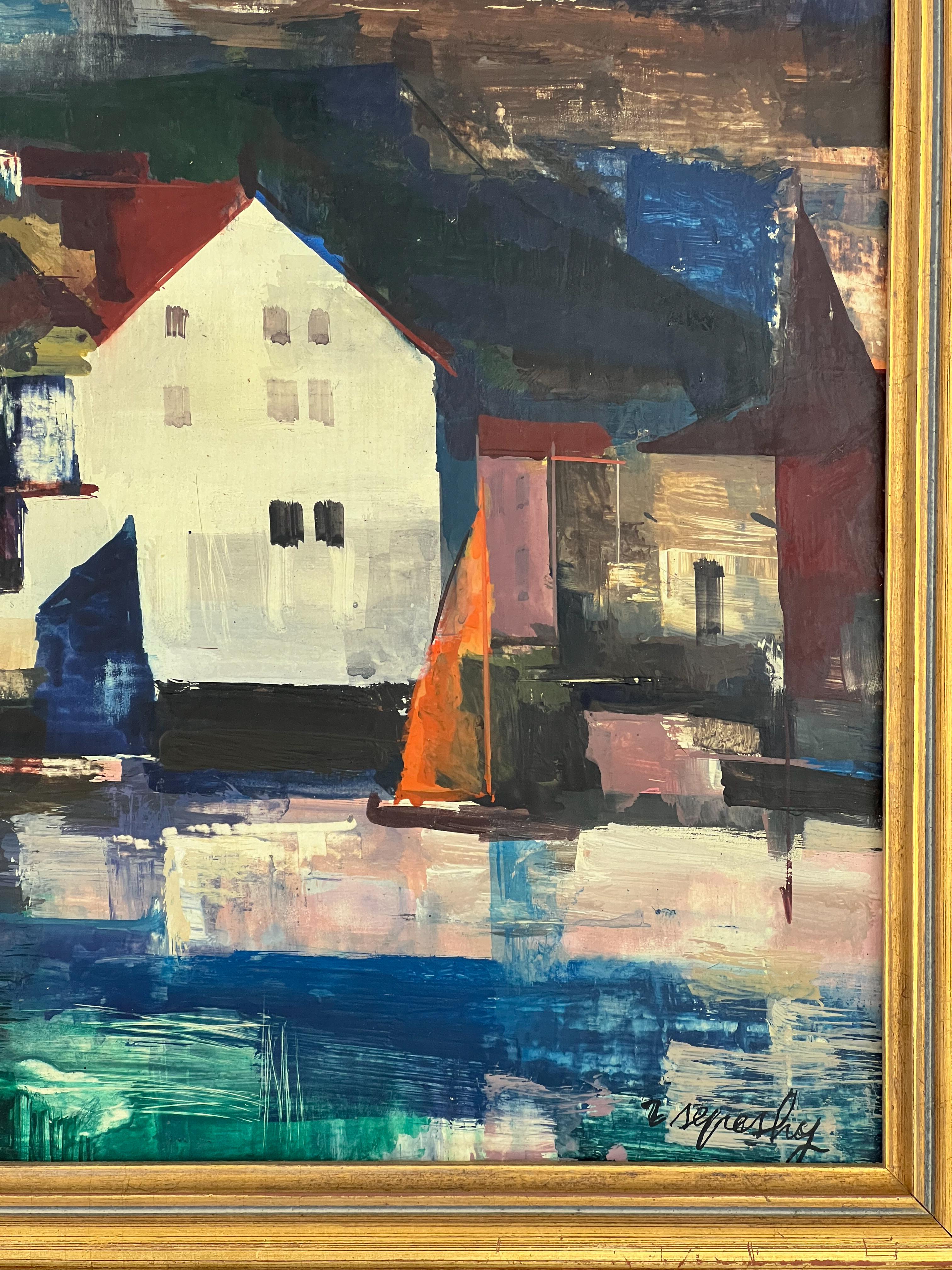 Ein dramatisches Gemälde einer Stadt am Meer in leuchtenden Farben.  Der abstrakte Stil der amerikanischen Szene fängt den stimmungsvollen Himmel ein, und die Spiegelung des Wassers zieht die Aufmerksamkeit des Betrachters auf sich. 

Zoltan Sepeshy