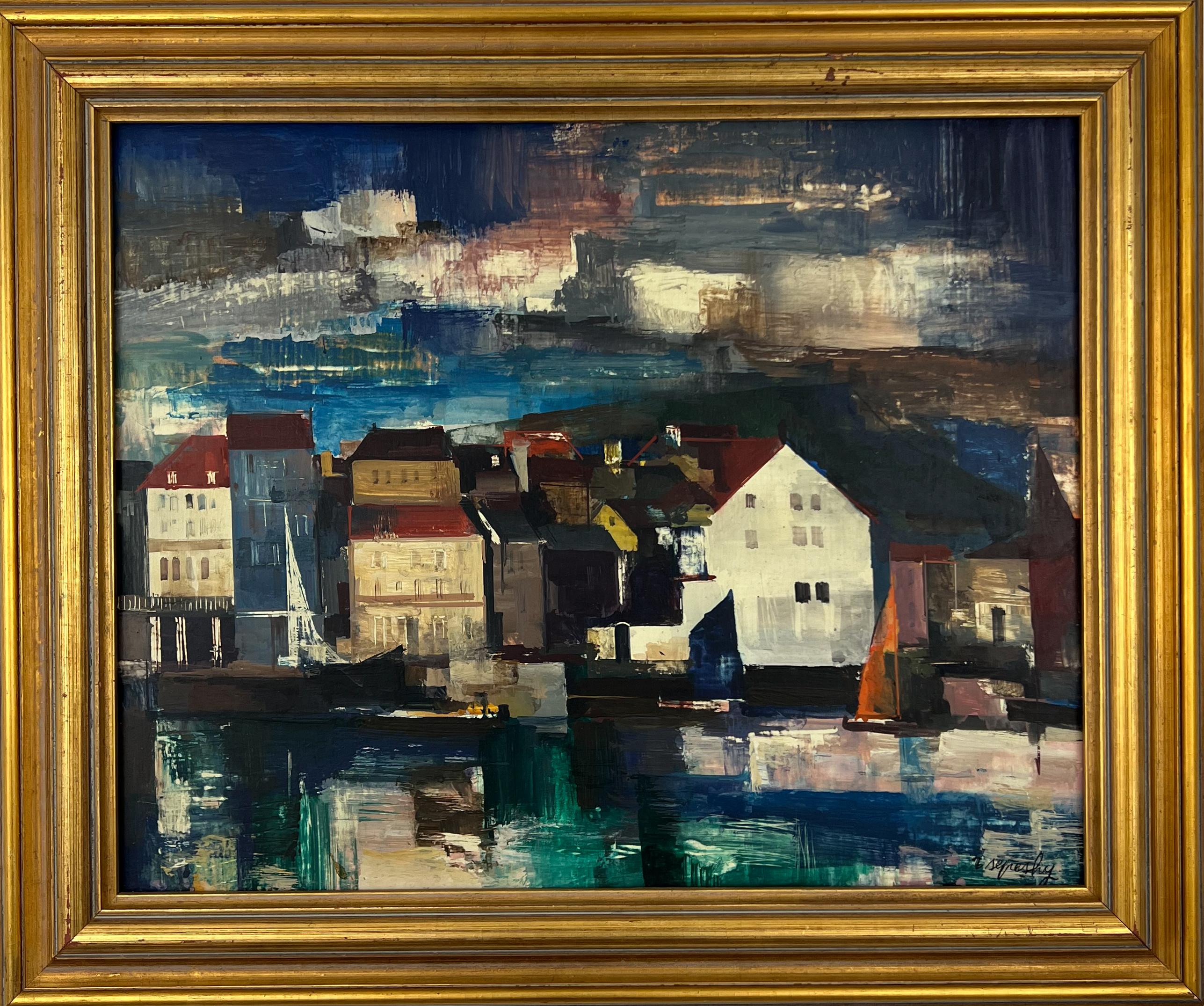 Seashore Townes - Pittura a olio e guazzo modernista di metà secolo