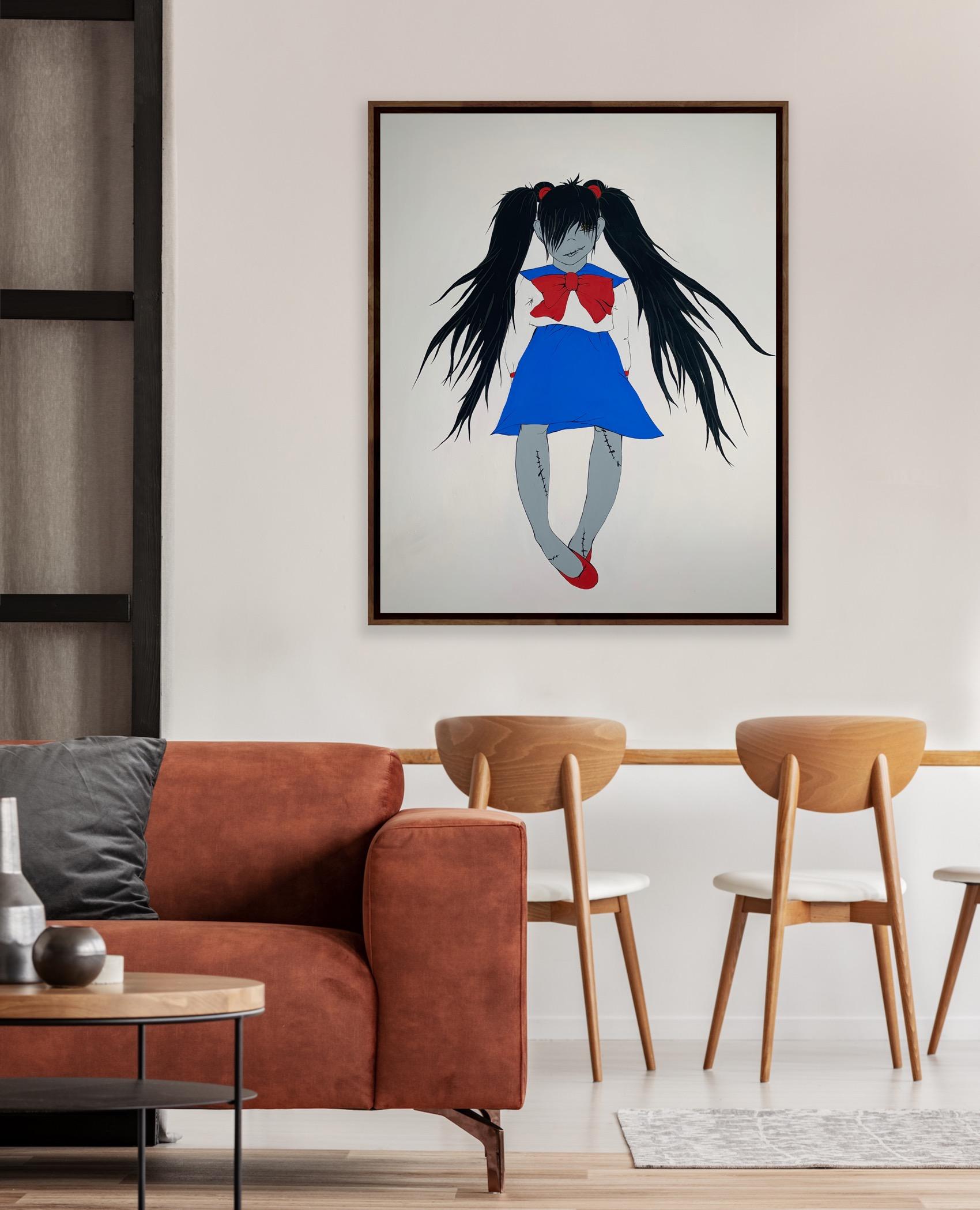 Ragazza zombie fan di Sailor Moon 100x80cm, tempera su tela - Figurative Painting Grigio di Zombie Girl 