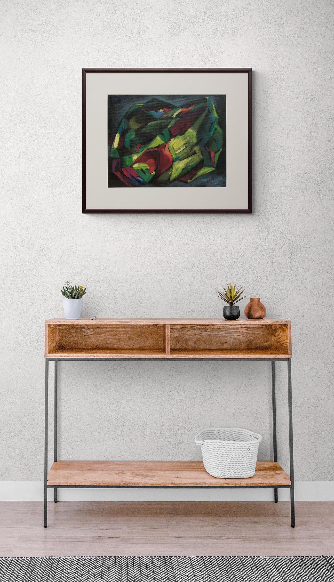 Original 1949 mid-century modern semi-abstract painting of Colorado Mountains by Kansas woman artist, Zona Wheeler (1913-1998) with shades of green, red blue, teal and yellow.  Signed and dated 1949 lower right. Presented in a custom frame with