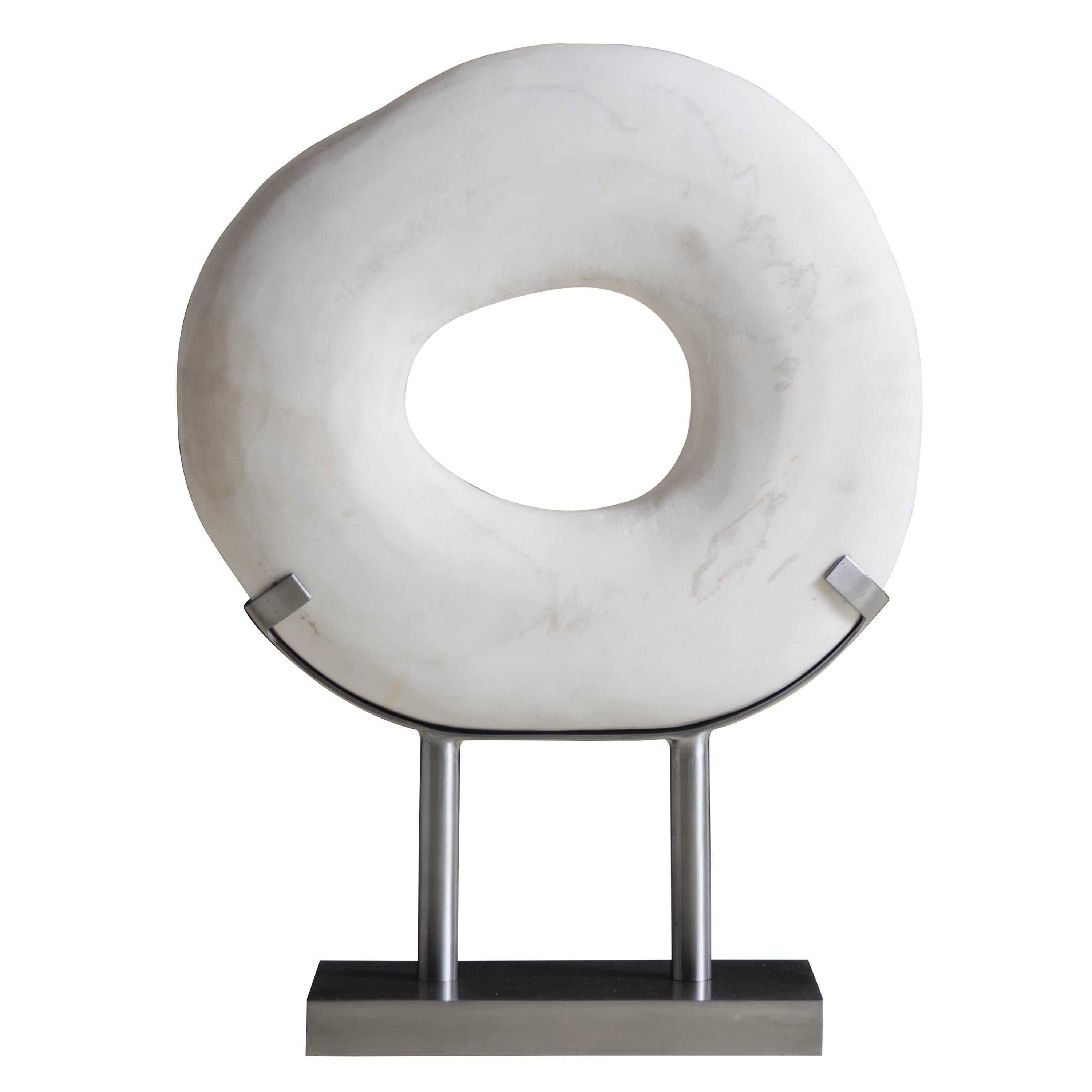 Zong Bi Sculpture in Han Bai Yu Stone on Steel Stand by Robert Kuo, Limited Ed For Sale