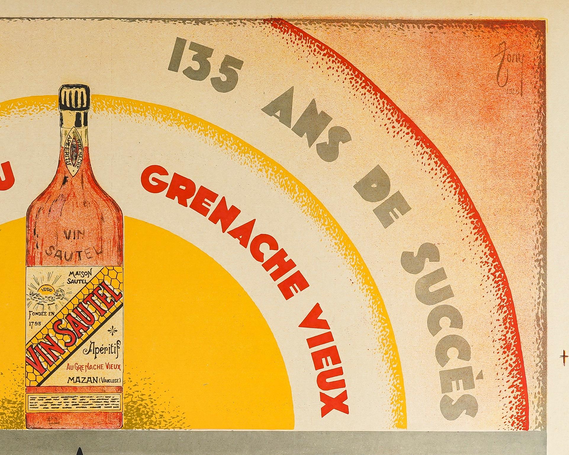 Zony, Cartel Original Alcohol, Vino Sautel, Art Decó, Aperitivo Garnacha Vin 1929 en Desgastado estado para la venta en SAINT-OUEN-SUR-SEINE, FR