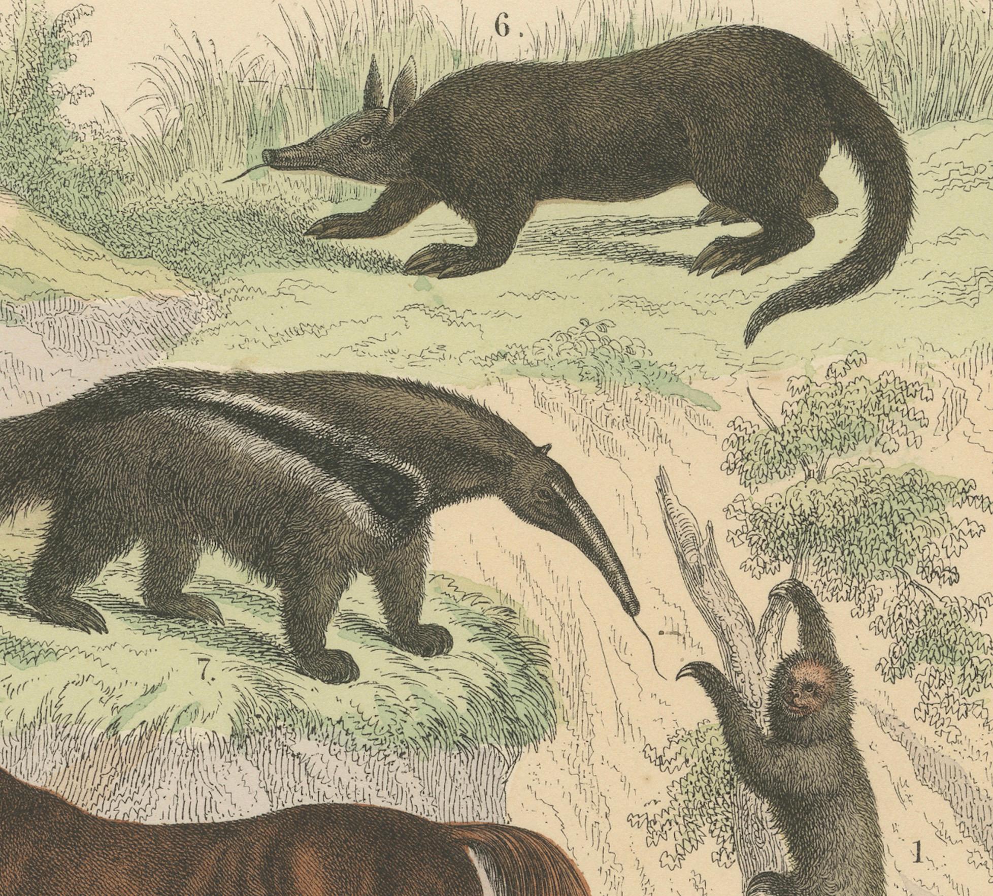 Metà XIX secolo Stampa zoologica di formichieri, armadilli, zebre, cavalli e ornitorinchi - 1865 ca. in vendita