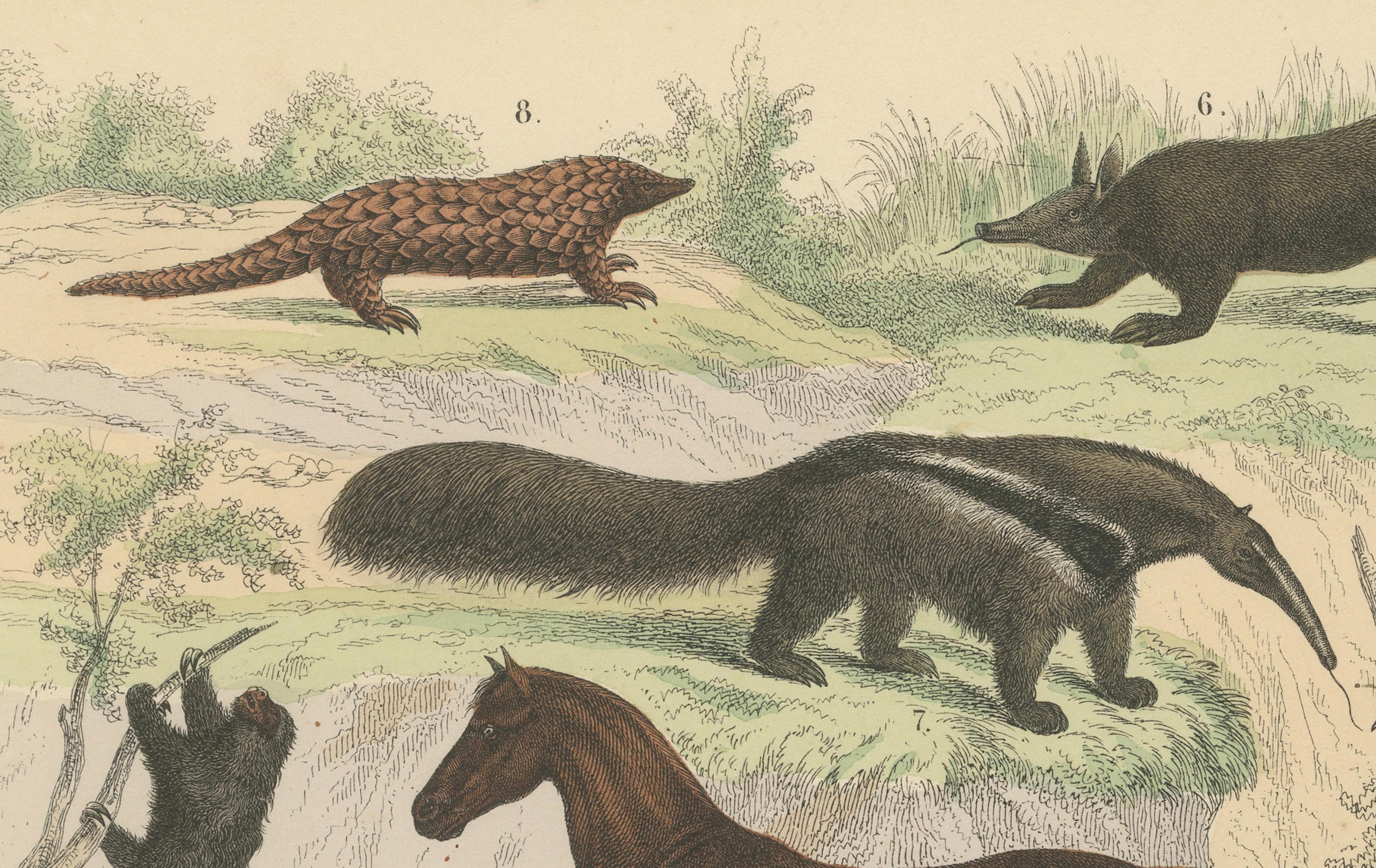 Carta Stampa zoologica di formichieri, armadilli, zebre, cavalli e ornitorinchi - 1865 ca. in vendita