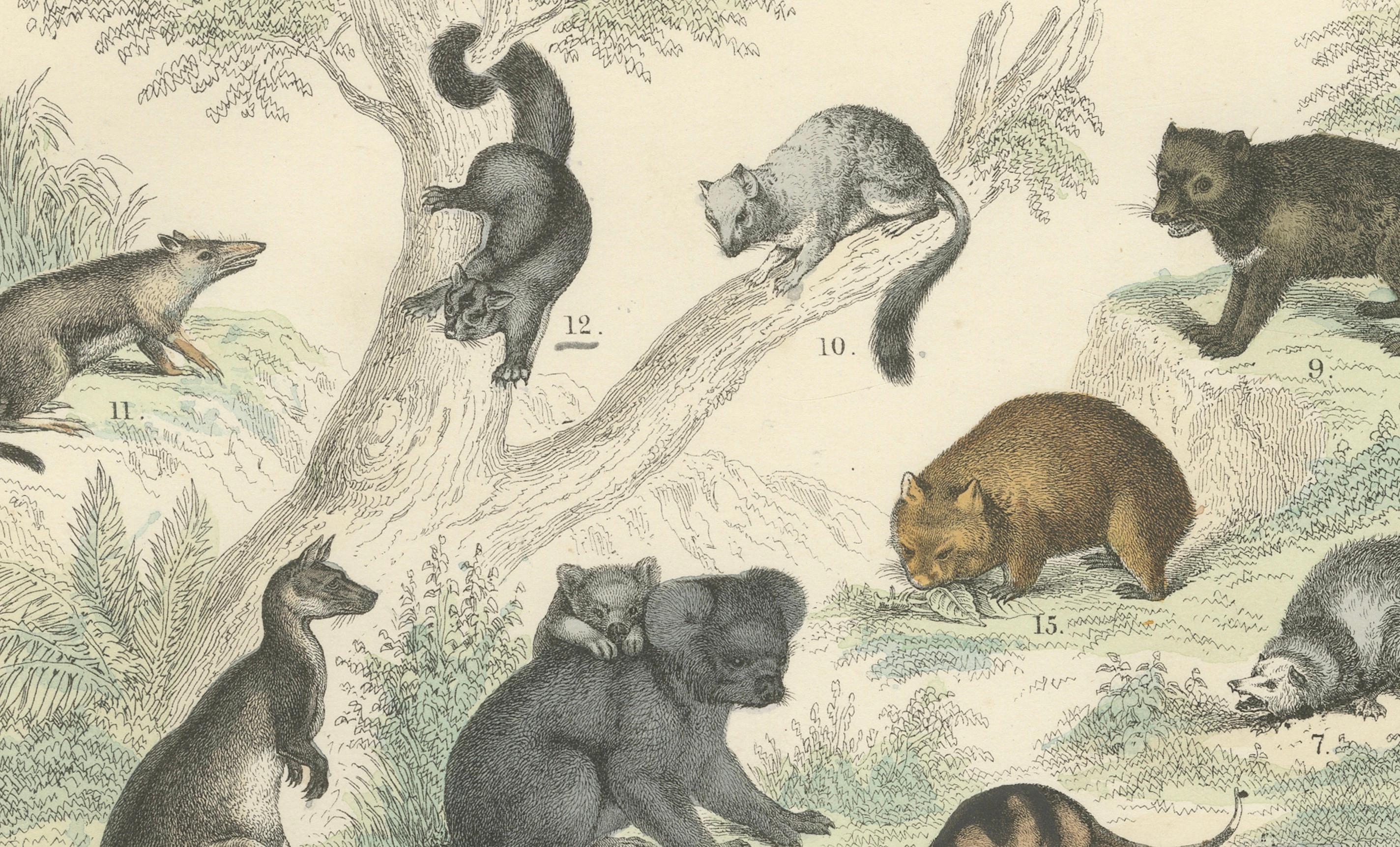 Zoology Print of Tiger, Lion, Hyena, Marsupials and Wild Cats by T Bromme c1865

This original 19th-century hand-colored lithograph is from the work of German publisher and geographer Traugott Bromme, likely printed around 1865 in his educational