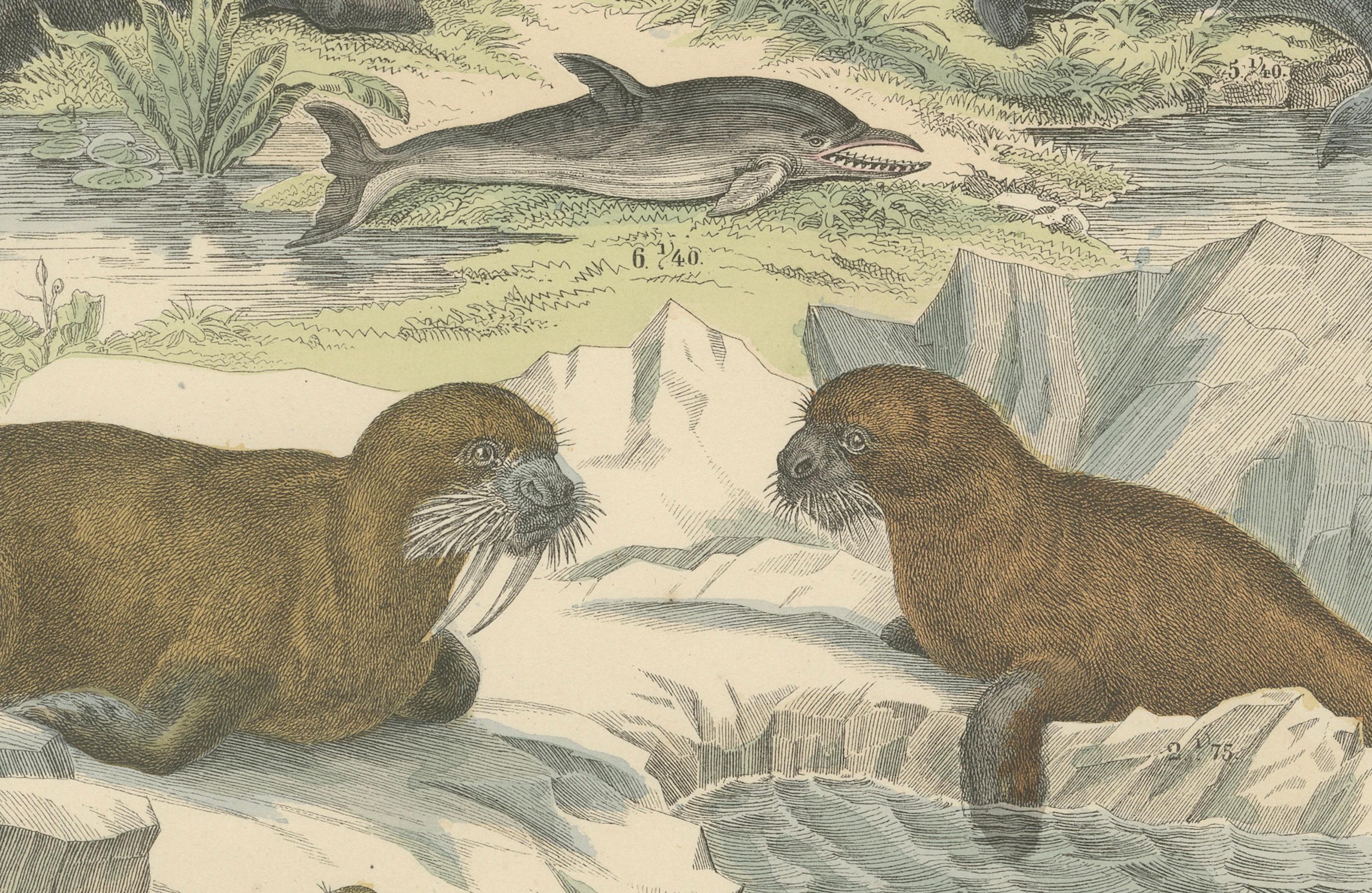 Zoology Print of Whales, Seals, Dolphins and Sea Cows by T Bromme circa 1865

This original 19th-century hand-colored lithograph, published circa 1865 by German geographer and scientific illustrator Traugott Bromme, presents a captivating selection