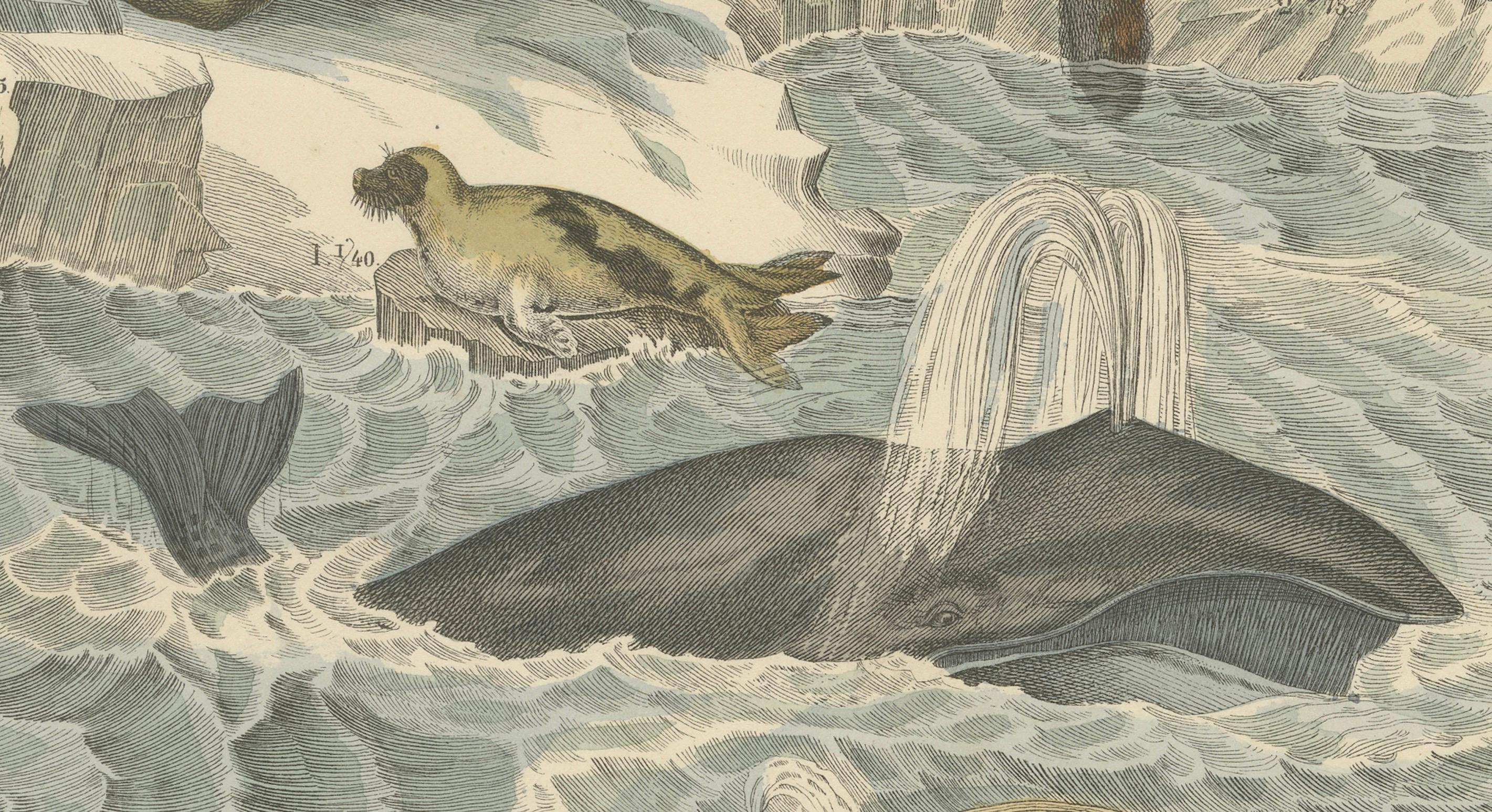 Zoology Print of Whales, Seals, Dolphins and Sea Cows by T Bromme circa 1865 Bon état - En vente à Langweer, NL