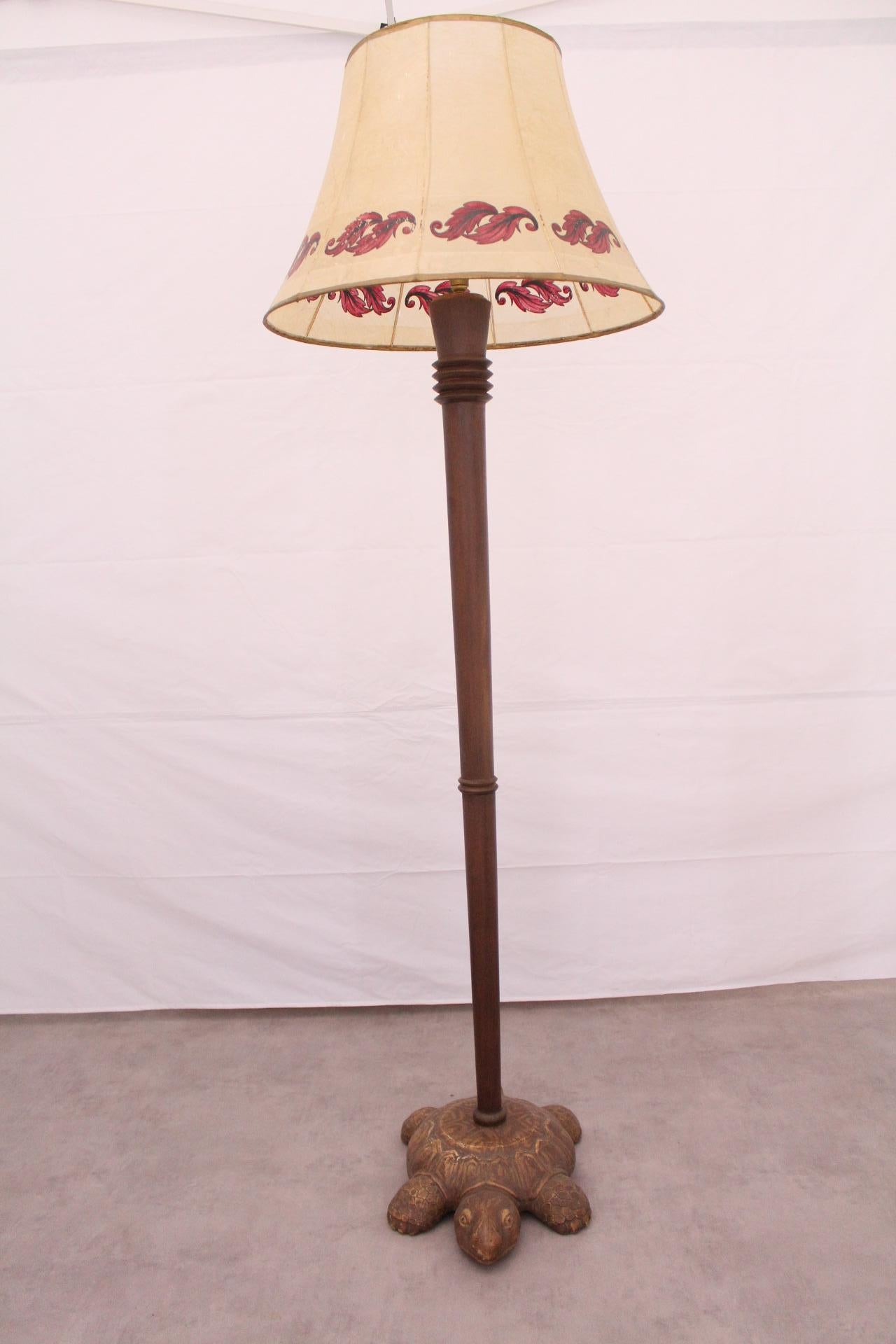 midcentury floor Lamp with Tortoise base circa 1930-1940
Turned Wood with carved wood Tortoise base
Unusual and decorative
Standard lamp
Very good condition 
Shade not included
This can be re-wired and tested to USA or UK and European