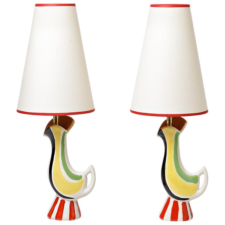 Zoomorphic Pair of Ceramic Lamp, by Poet- Laval, circa 1960 For Sale