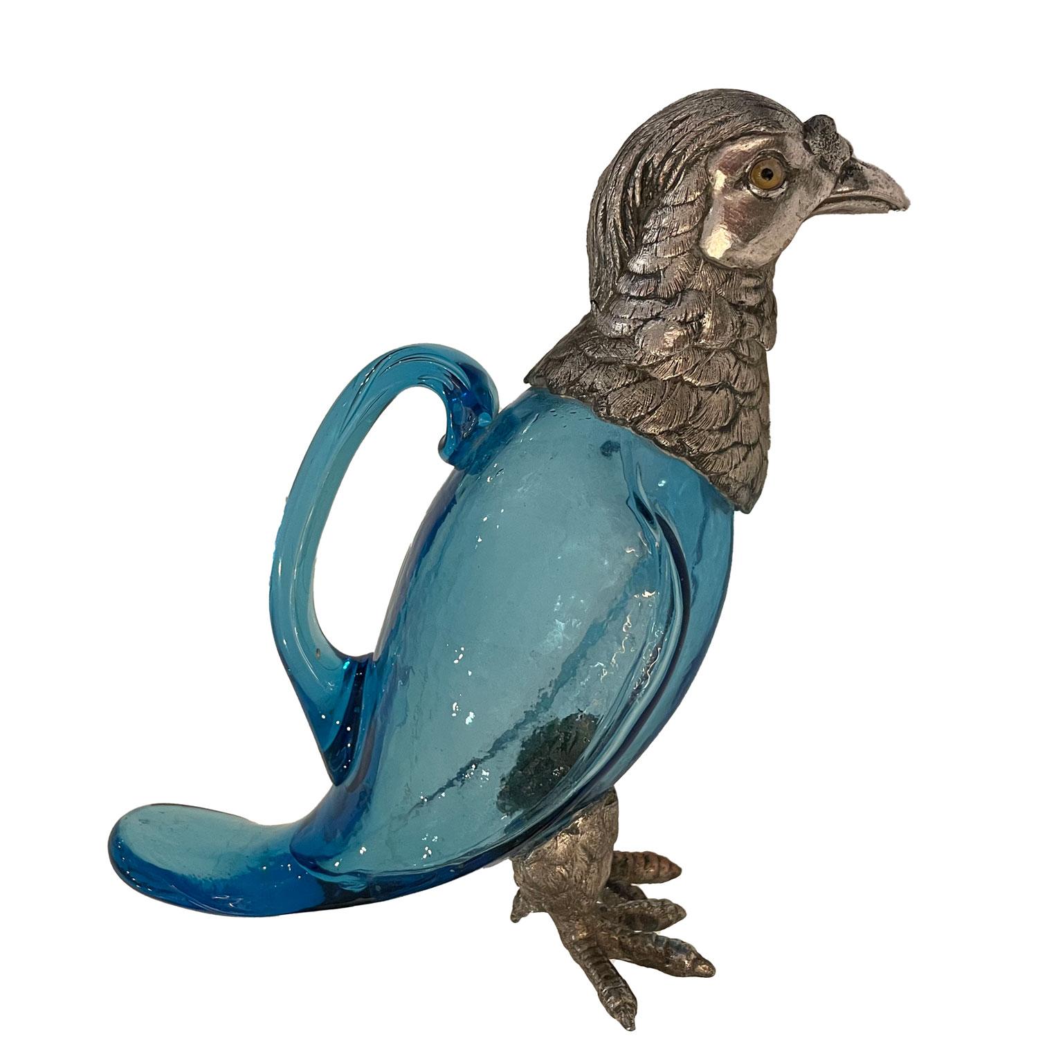 Zoomorphic Partridge Ewer Blue French Glass Late 19th century In Good Condition For Sale In Paris, FR