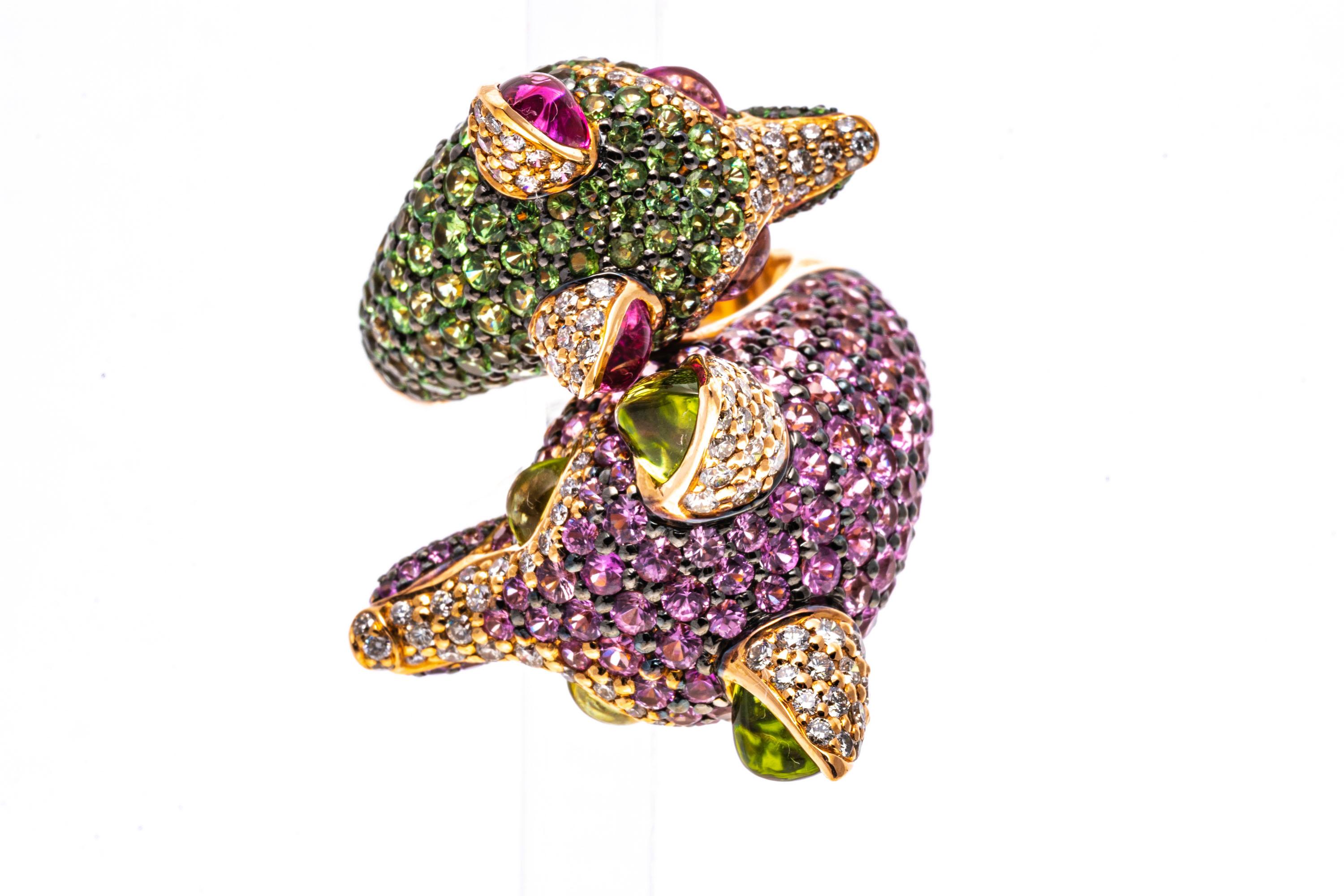 Zorab 18k Double Fox Head Ring Set with Pink Sapphires, Diamonds, Tsavorites For Sale 2