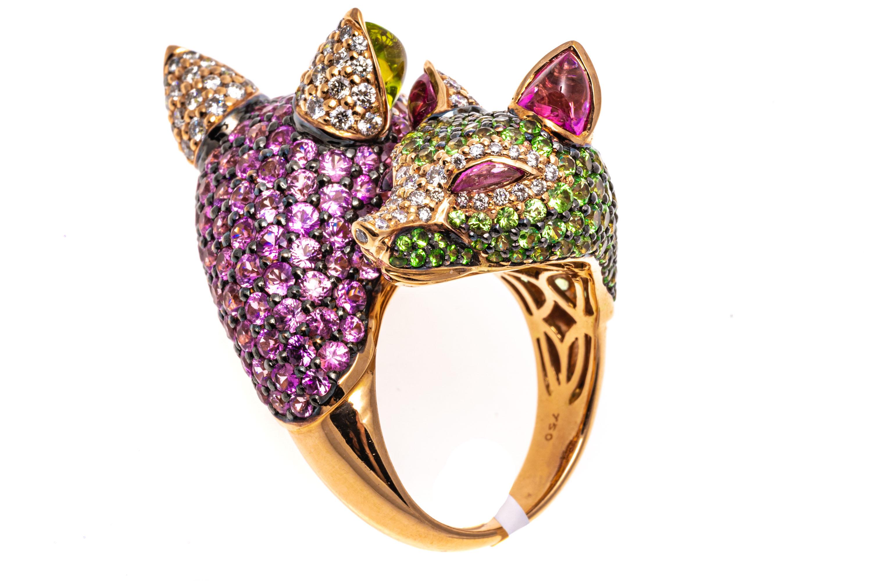 Zorab 18k Double Fox Head Ring Set with Pink Sapphires, Diamonds, Tsavorites For Sale 3