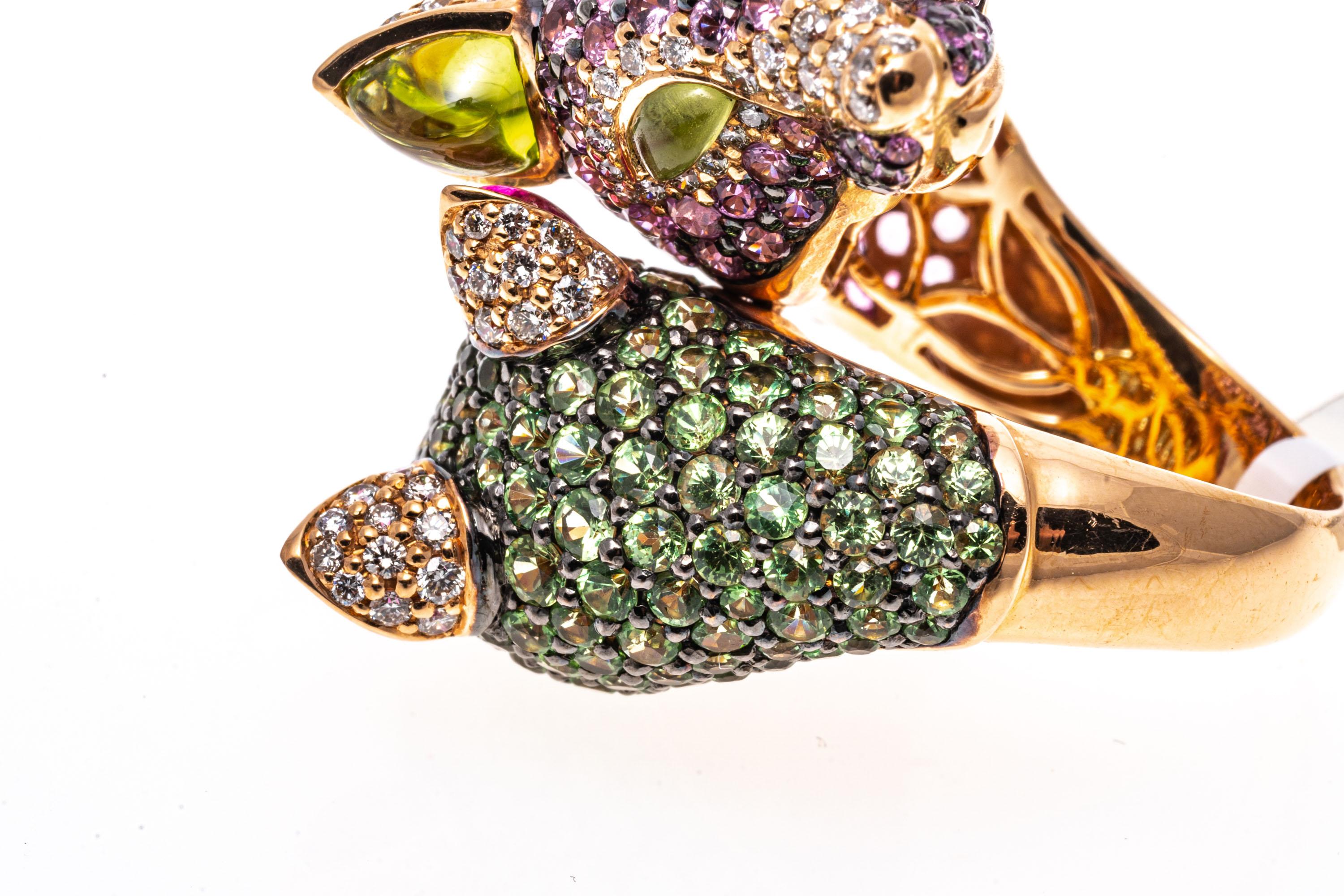 Zorab 18k Double Fox Head Ring Set with Pink Sapphires, Diamonds, Tsavorites For Sale 4