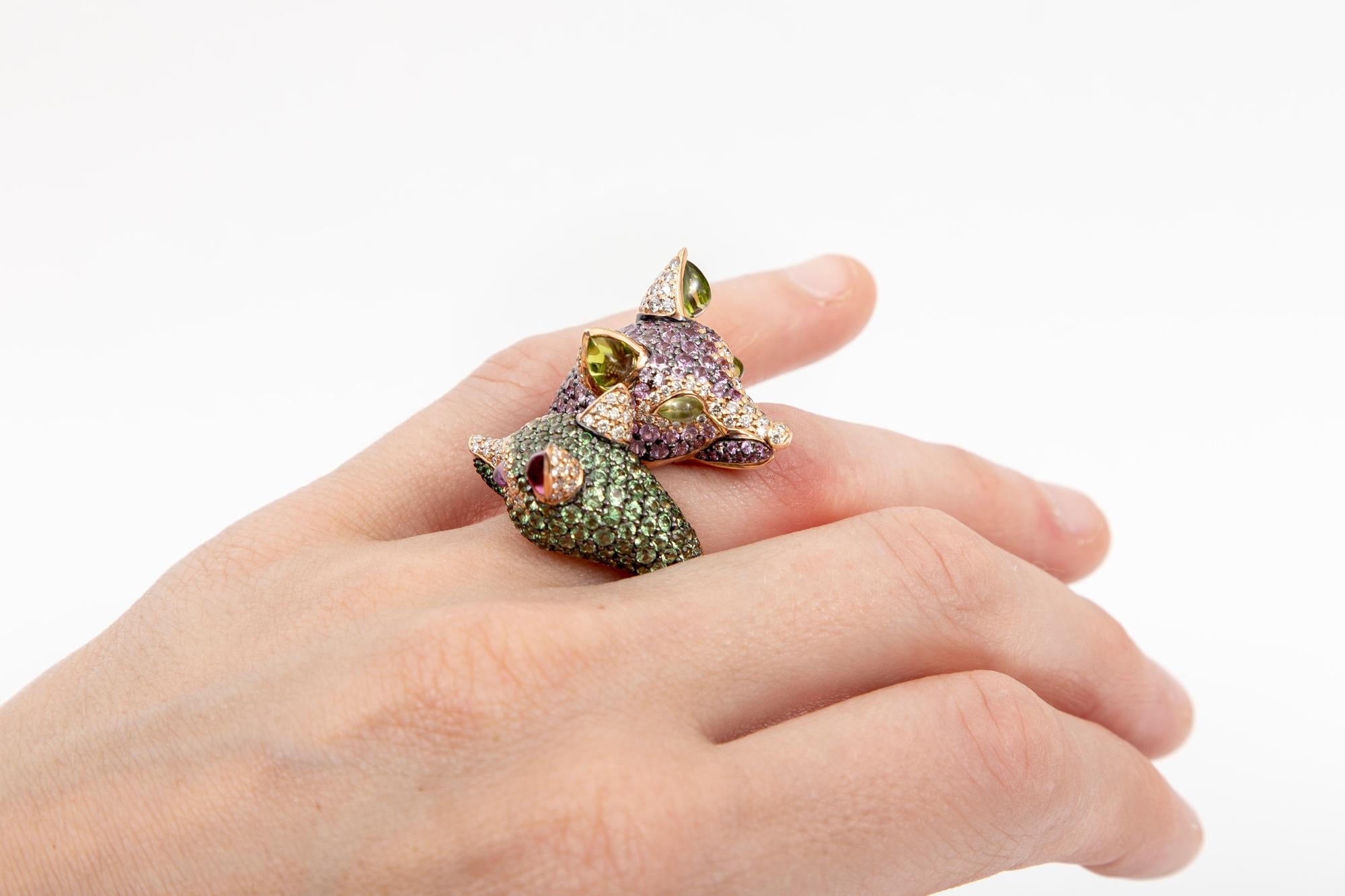 Zorab 18k Double Fox Head Ring Set with Pink Sapphires, Diamonds, Tsavorites For Sale 5