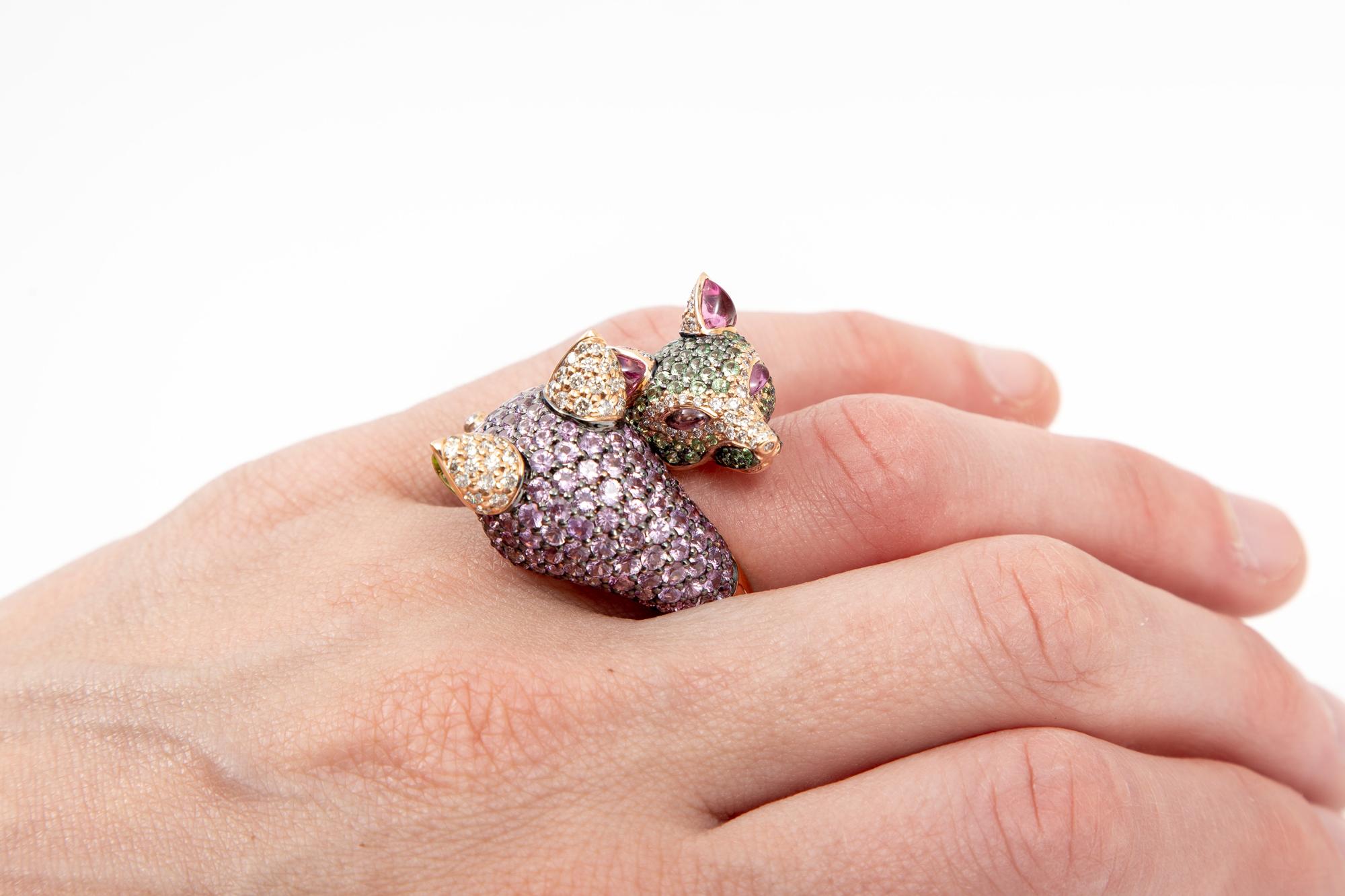 Zorab 18k Double Fox Head Ring Set with Pink Sapphires, Diamonds, Tsavorites For Sale 6