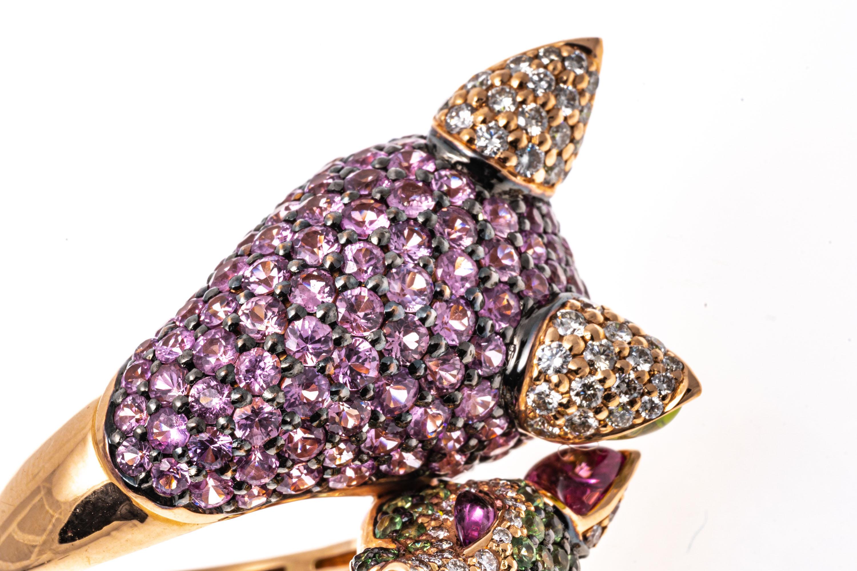 Zorab 18k Ring mit doppeltem Fuchskopf und rosa Saphiren, Diamanten, Tsavorit (Rundschliff) im Angebot