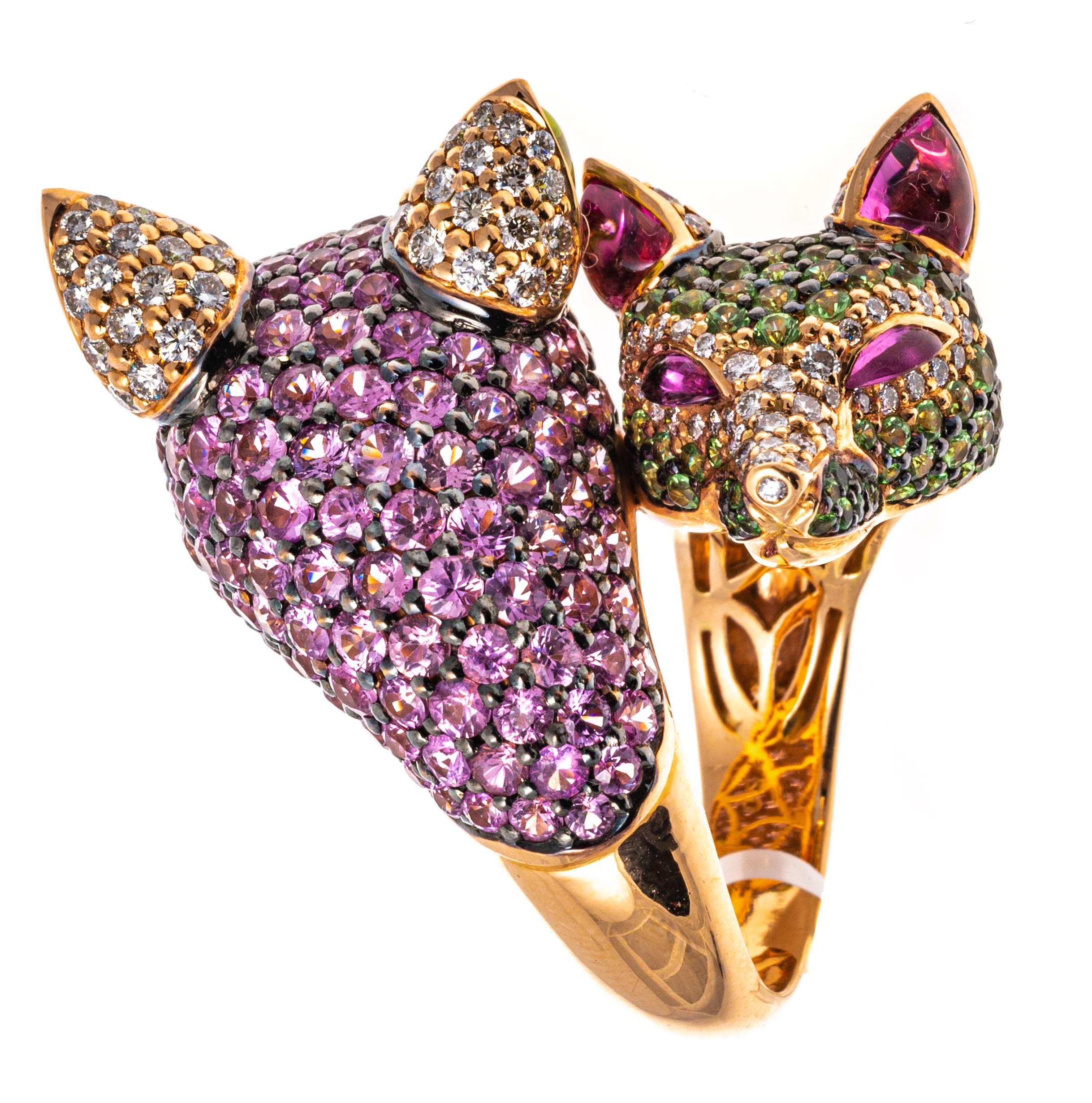 Zorab 18k Ring mit doppeltem Fuchskopf und rosa Saphiren, Diamanten, Tsavorit Damen im Angebot