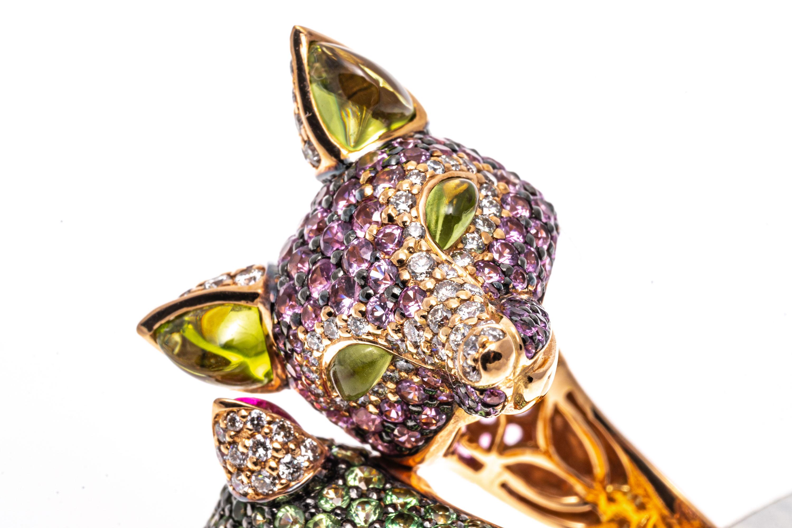 Zorab 18k Double Fox Head Ring Set with Pink Sapphires, Diamonds, Tsavorites In Good Condition For Sale In Southport, CT