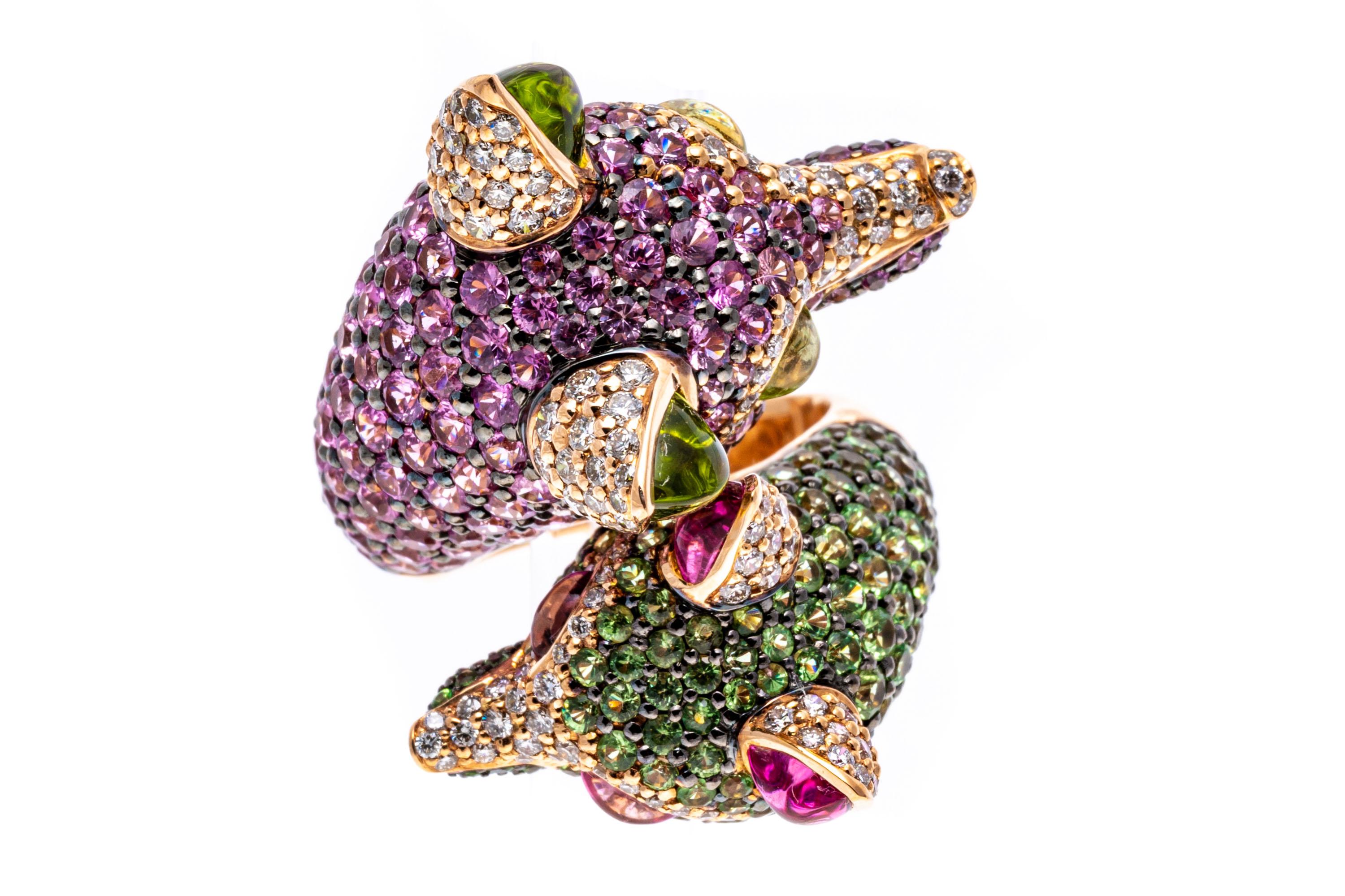 Zorab 18k Double Fox Head Ring Set with Pink Sapphires, Diamonds, Tsavorites For Sale 1