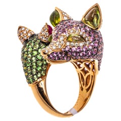 Zorab 18k Double Fox Head Ring Set with Pink Sapphires, Diamonds, Tsavorites
