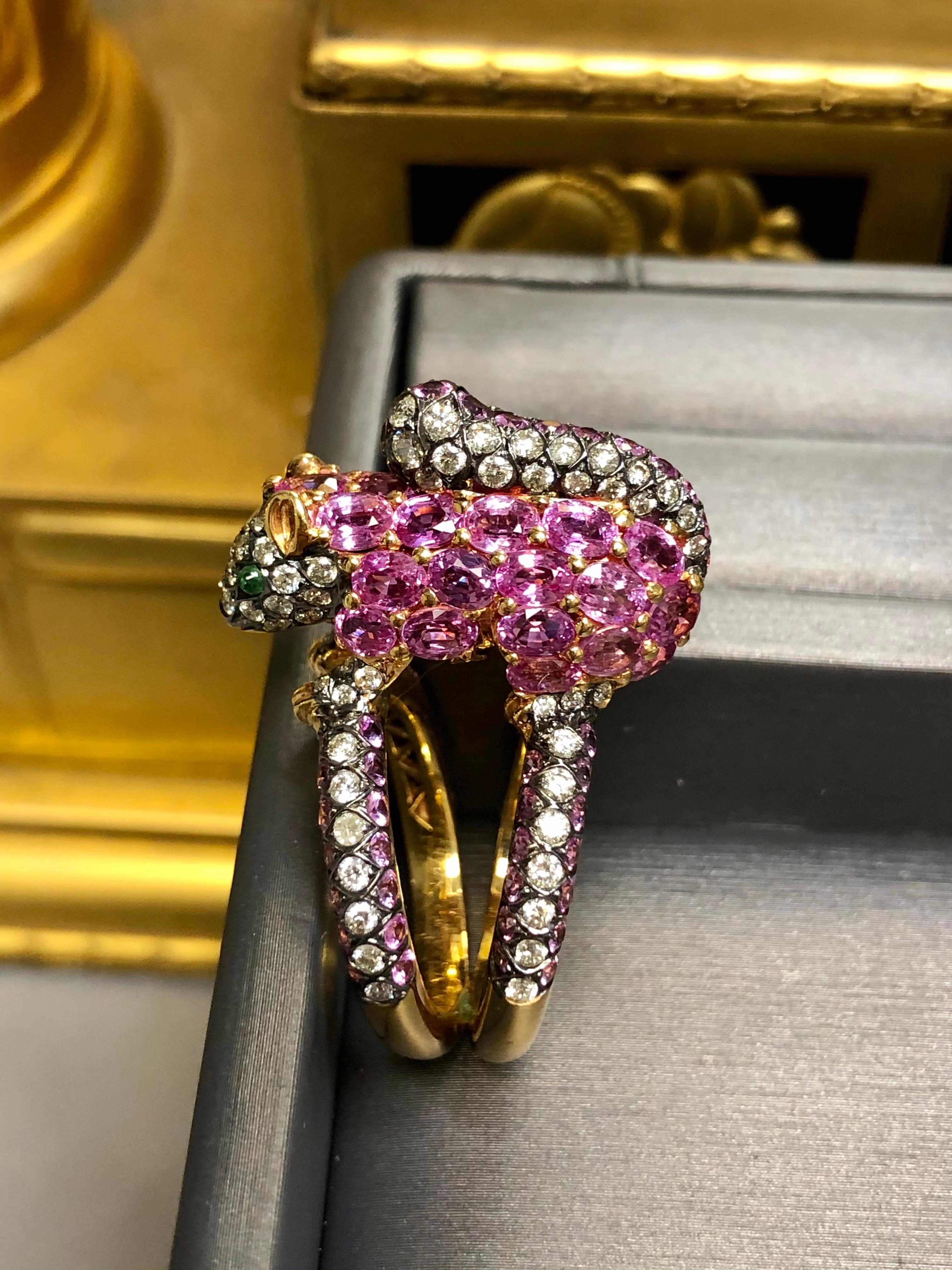 Oval Cut ZORAB 18K Pink Sapphire Diamond Squirrel Ring For Sale