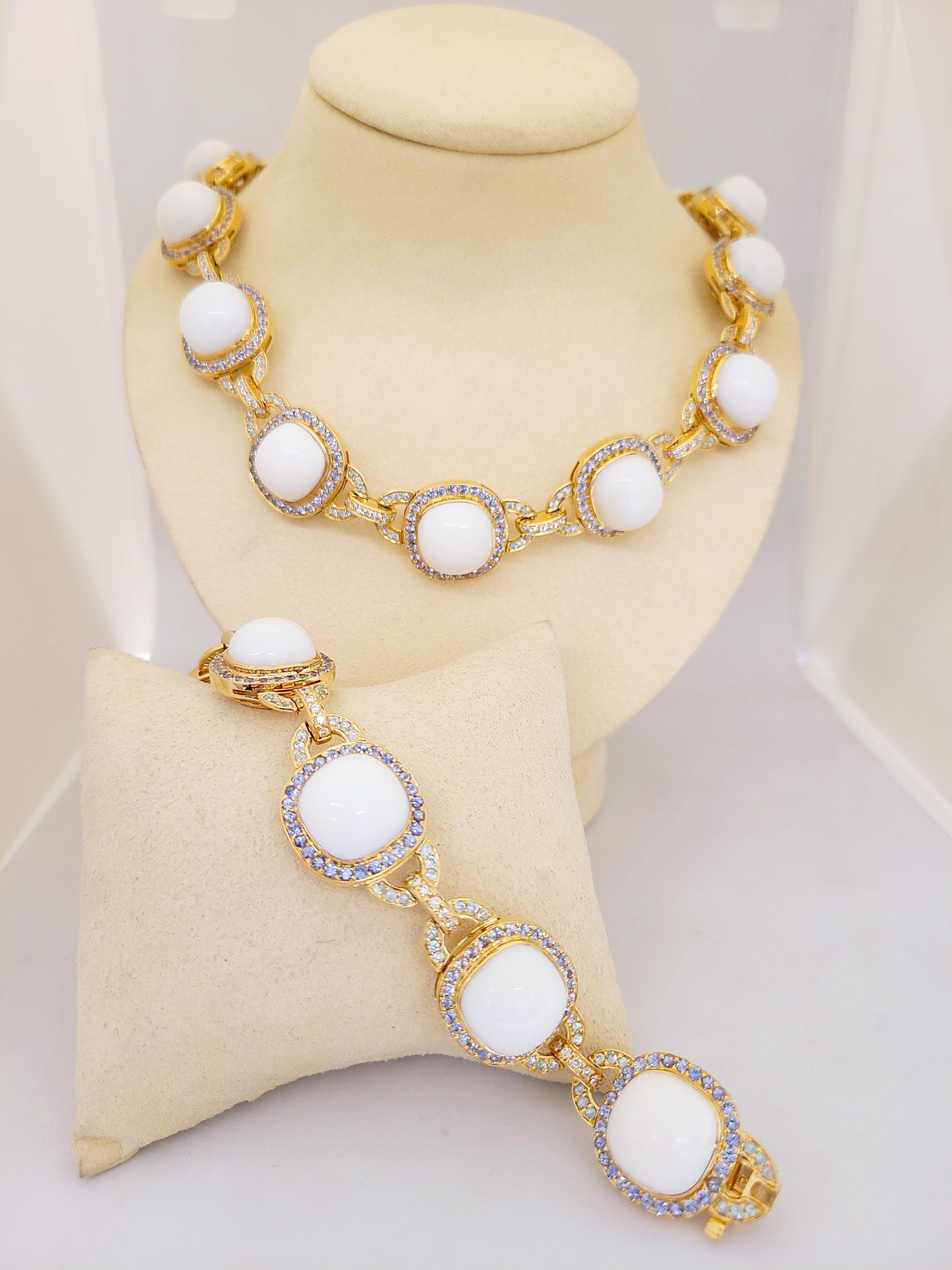 Contemporary Zorab 18 Karat Rose Gold, 137 Carat White Opal, Diamonds and Sapphire Necklace For Sale