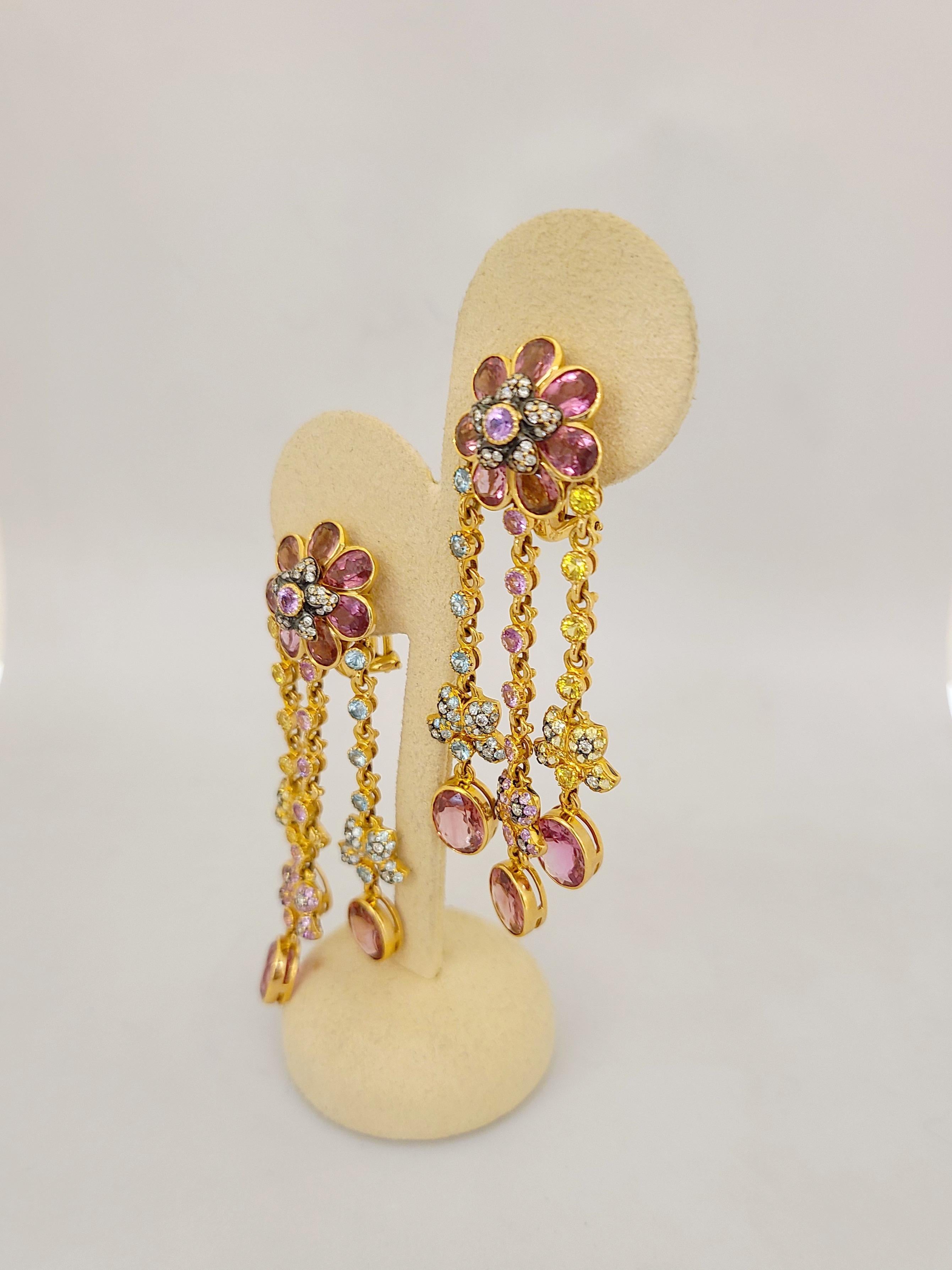 Modern Zorab 18KT Rose Gold Pink & Yellow Sapphire, Diamond & Zircon Hanging Earrings For Sale