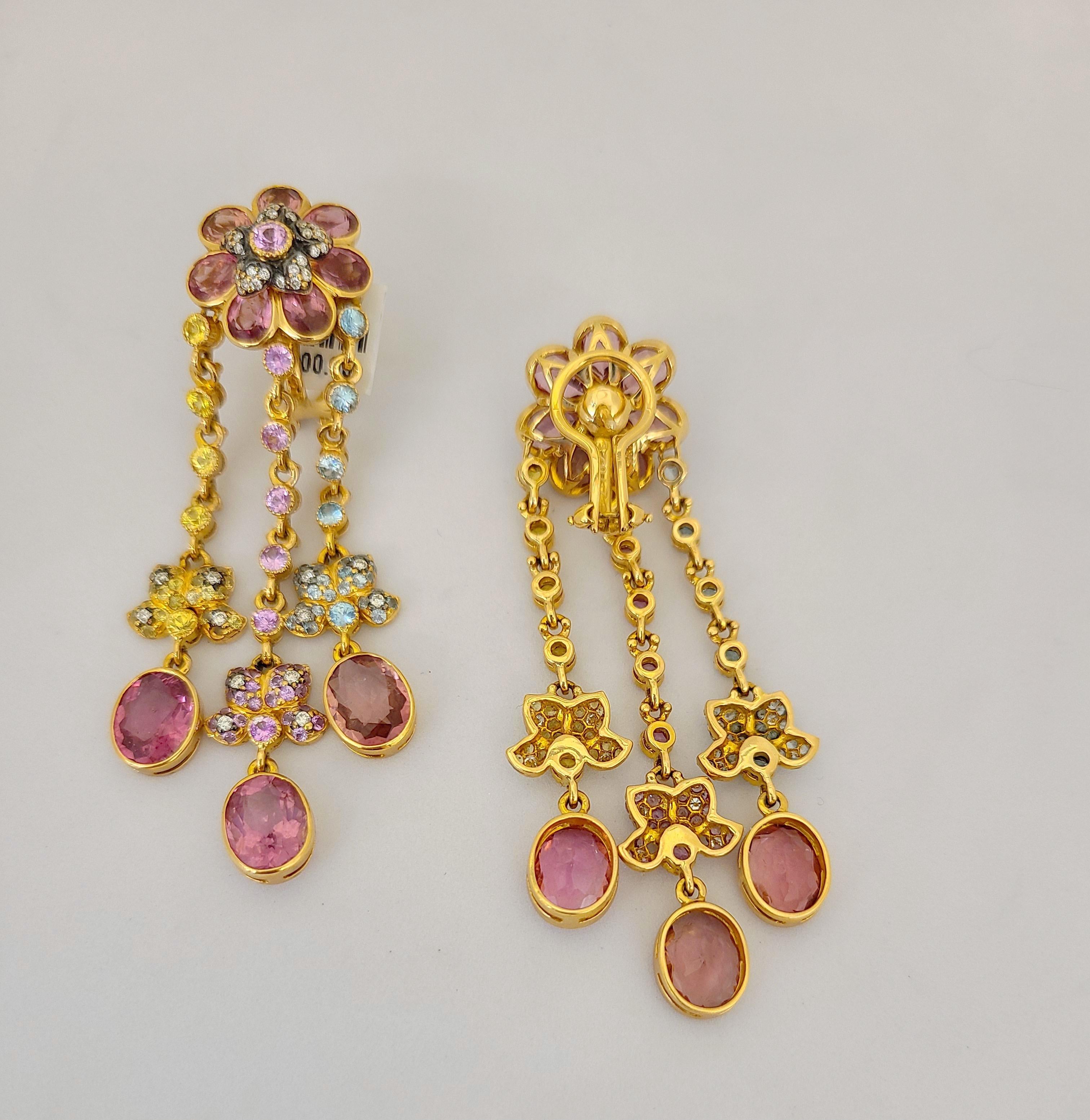 Oval Cut Zorab 18KT Rose Gold Pink & Yellow Sapphire, Diamond & Zircon Hanging Earrings For Sale