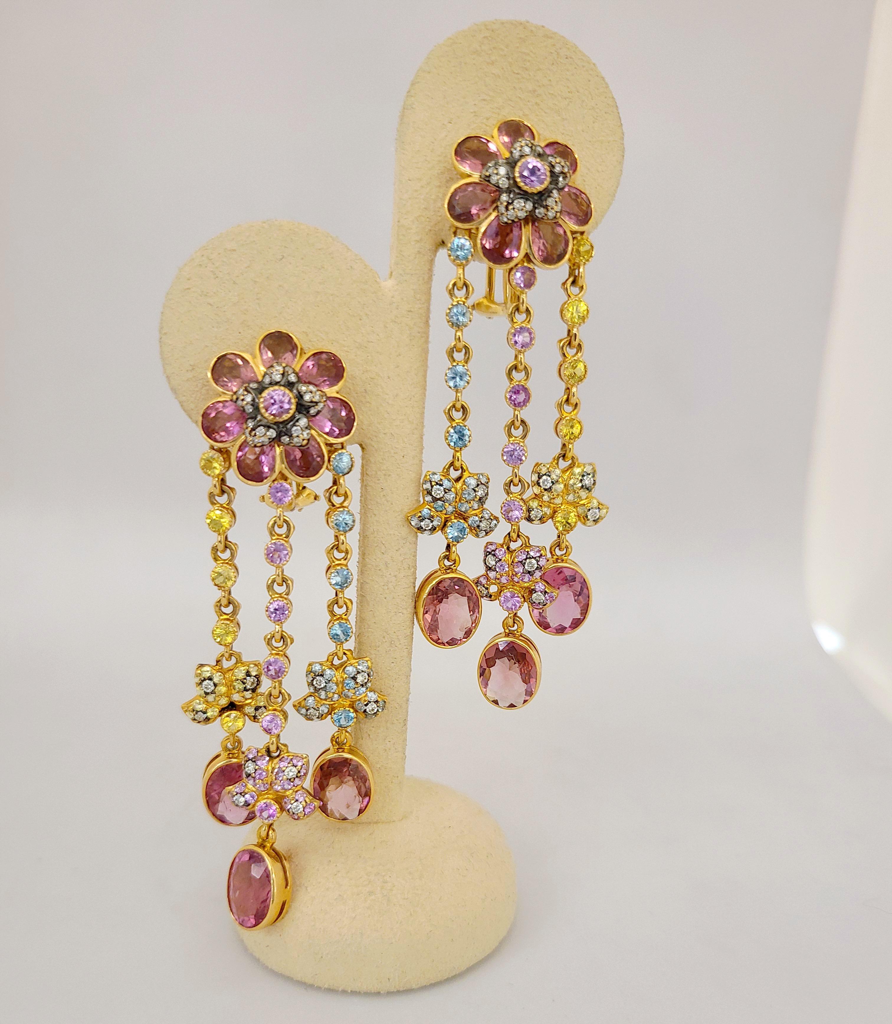 Zorab 18KT Rose Gold Pink & Yellow Sapphire, Diamond & Zircon Hanging Earrings In New Condition For Sale In New York, NY