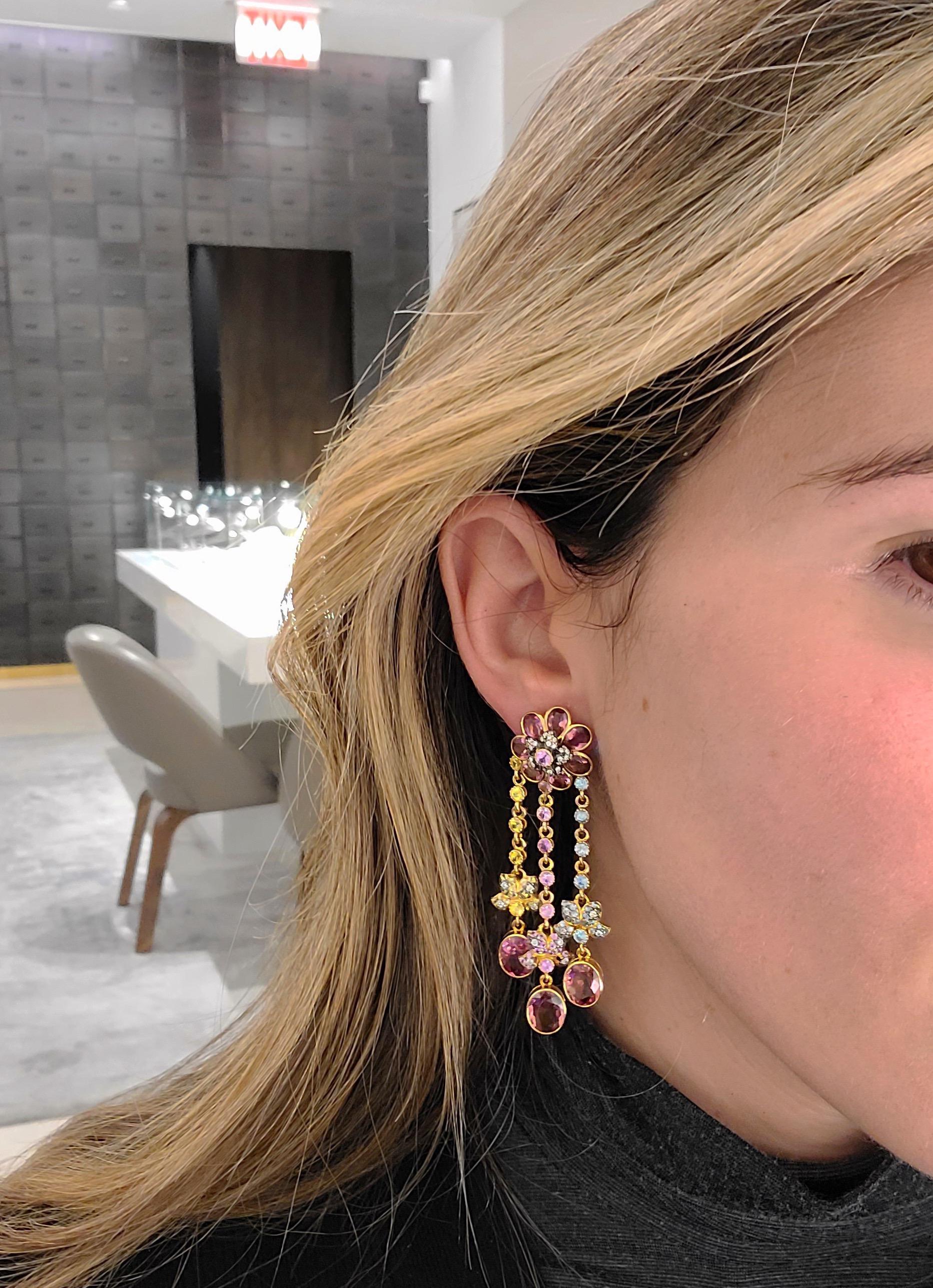 Women's or Men's Zorab 18KT Rose Gold Pink & Yellow Sapphire, Diamond & Zircon Hanging Earrings For Sale