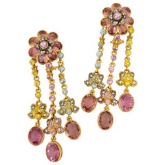 Pendants d'oreilles Zorab en or rose 18 carats avec saphirs roses et jaunes, diamants et zircon